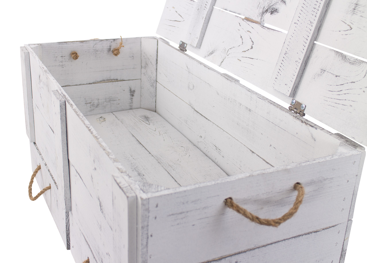 XXL Holztruhe Shabby mit 2 Schubladen und Kordel 85 x 39 x 40 cm