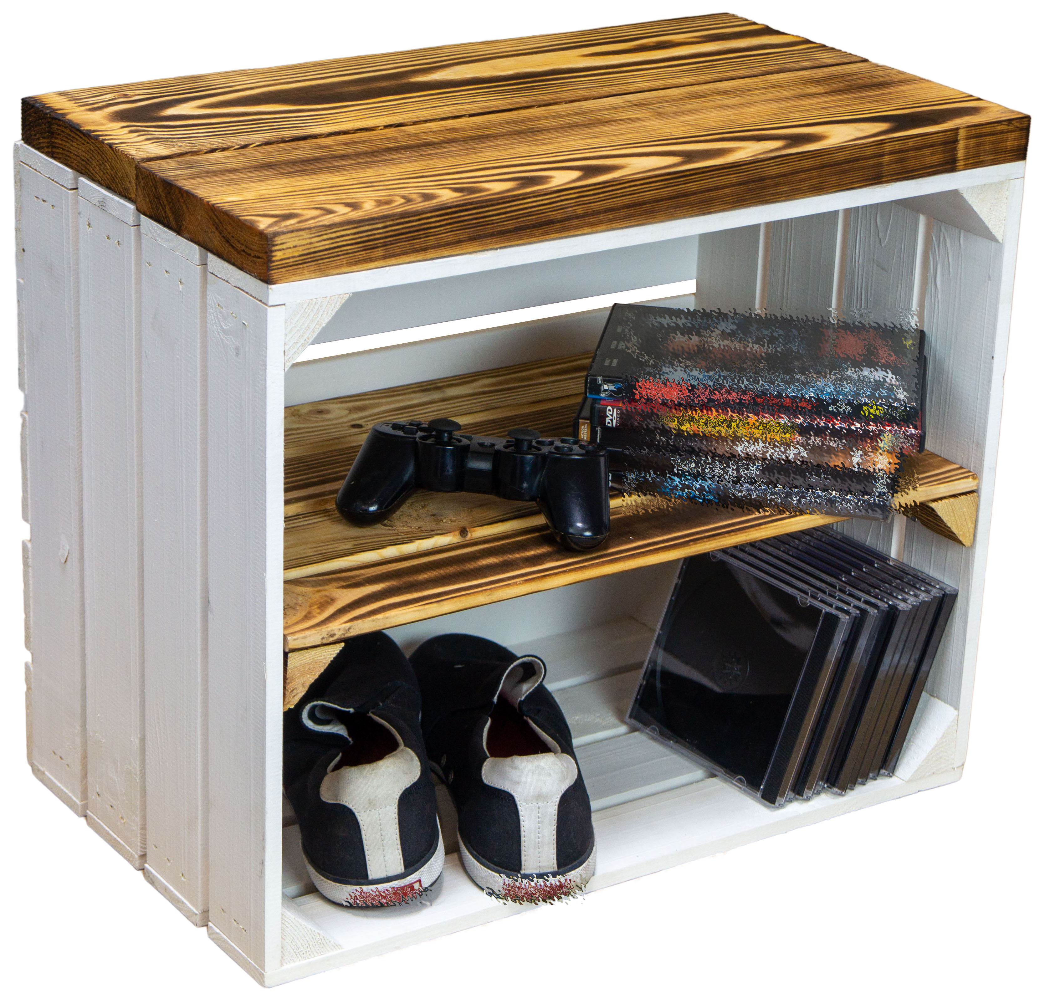 Sitzkiste Johanna - weiß geflammt Längs - mit Planke geflammte Planke Sitzkiste Johanna - weiß geflammt Längs - mit Planke geflammte Planke