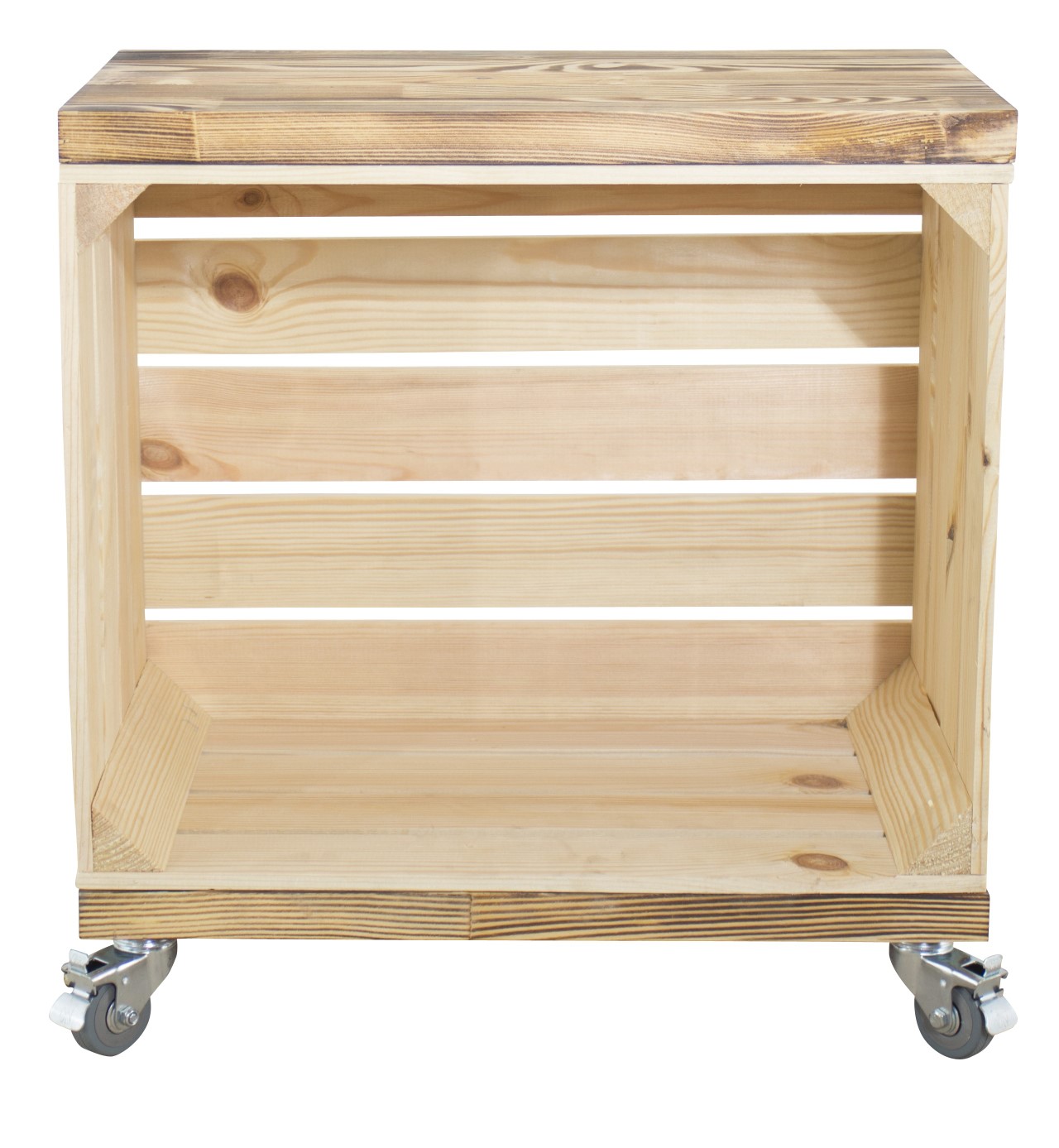 Beistelltisch aus einer Kiste in natur mit 2 geflammten Bohlenbrettern auf Rollen 53x50x30cm Beistelltisch aus einer Kiste in natur mit 2 geflammten Bohlenbrettern auf Rollen 53x50x30cm