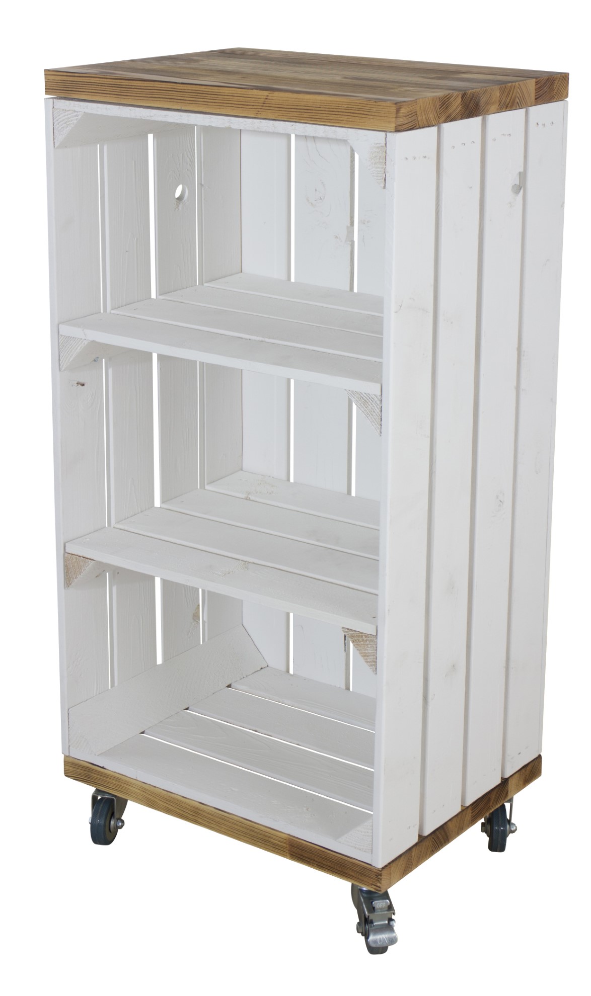 Weißes Regal mit 2 Mittelbrettern und 2 geflammten Bohlenbrettern, auf Rollen 74x40x30cm