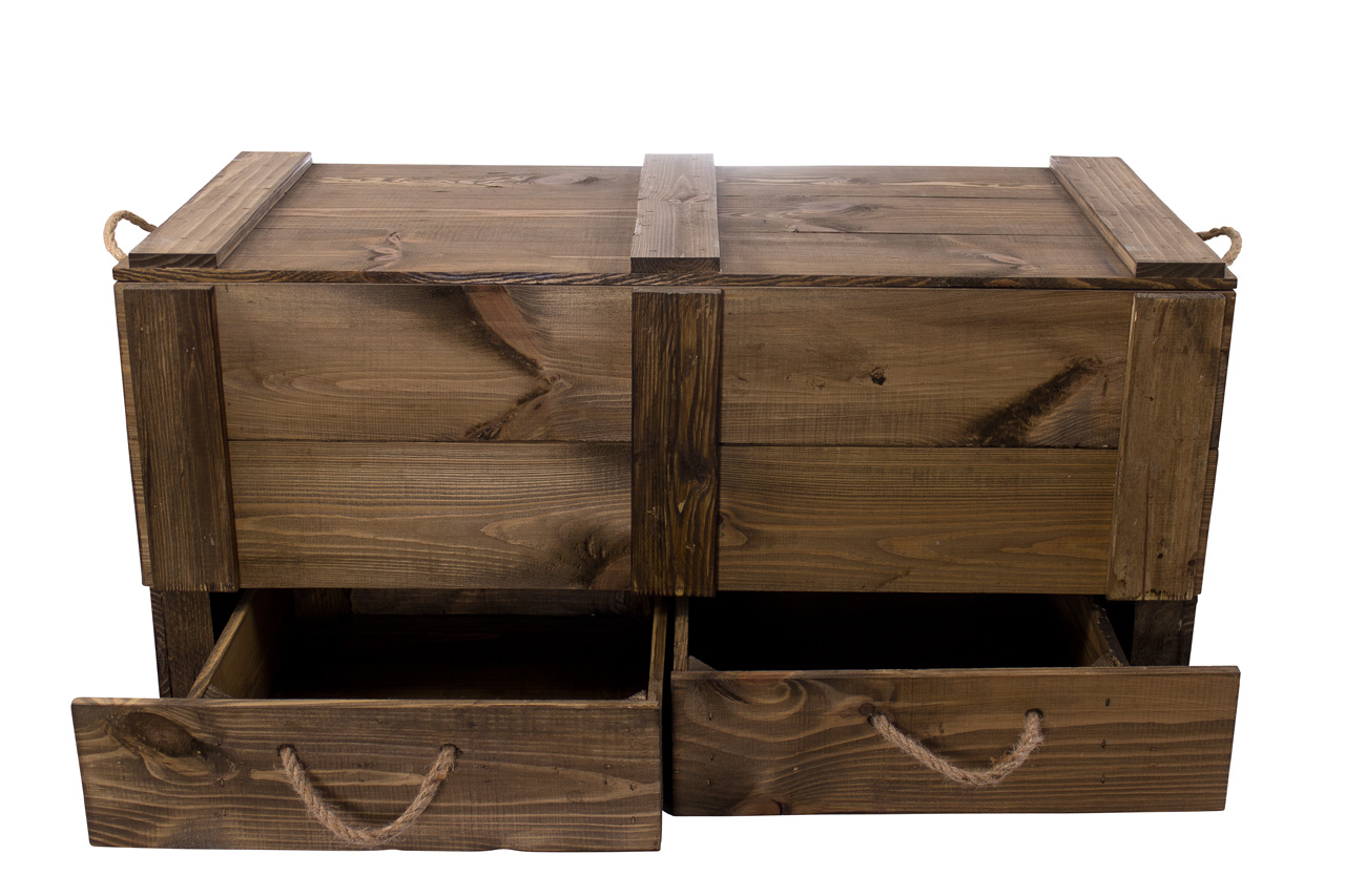 XXL Holztruhe Used mit 2 Schubladen und Kordel 85 x 39 x 40 cm