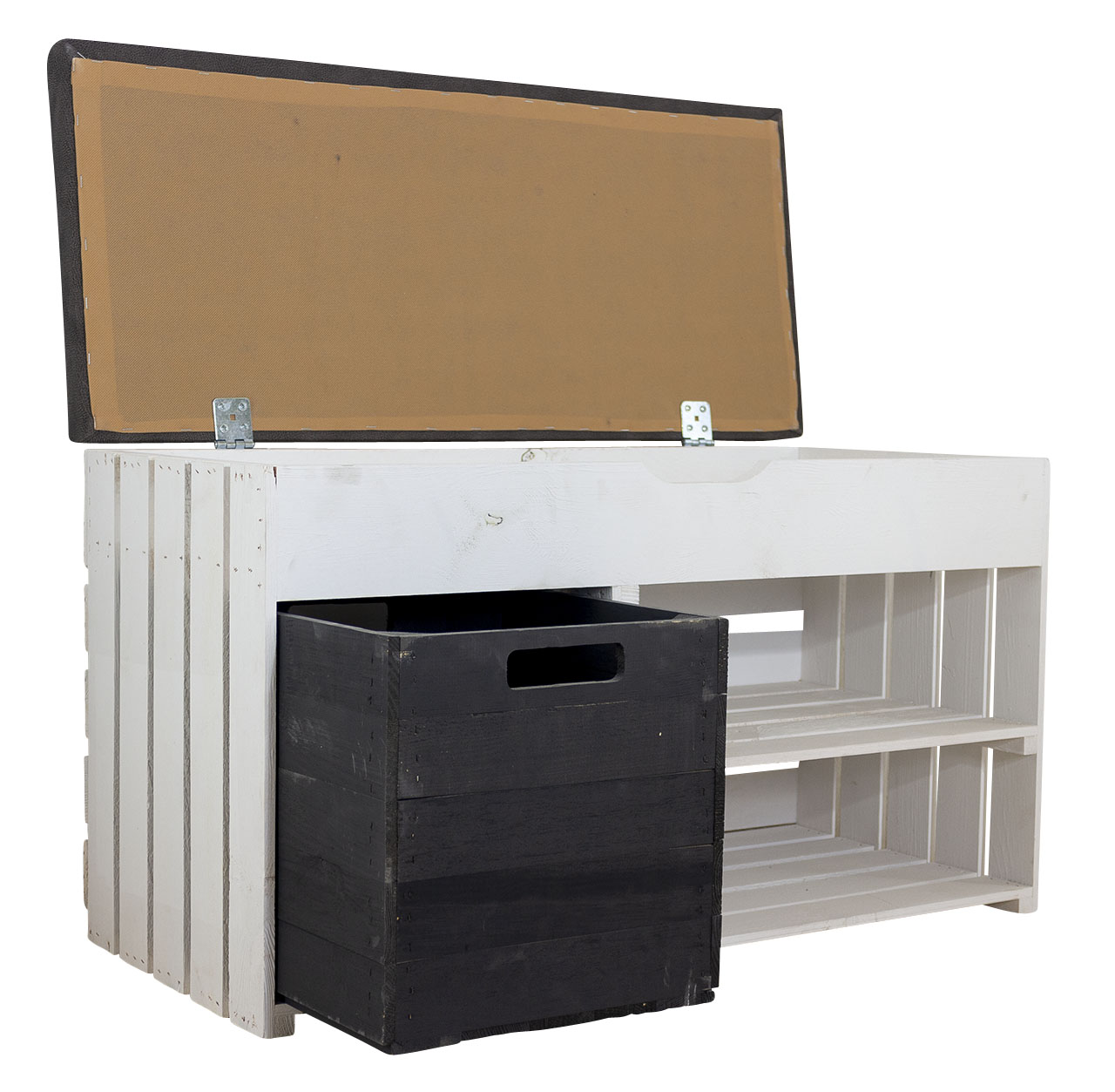 Gepolstertes, weißes Sitzregal mit Stauraum durch praktische schwarze Holzkiste / Regalboden / 90x52x39cm