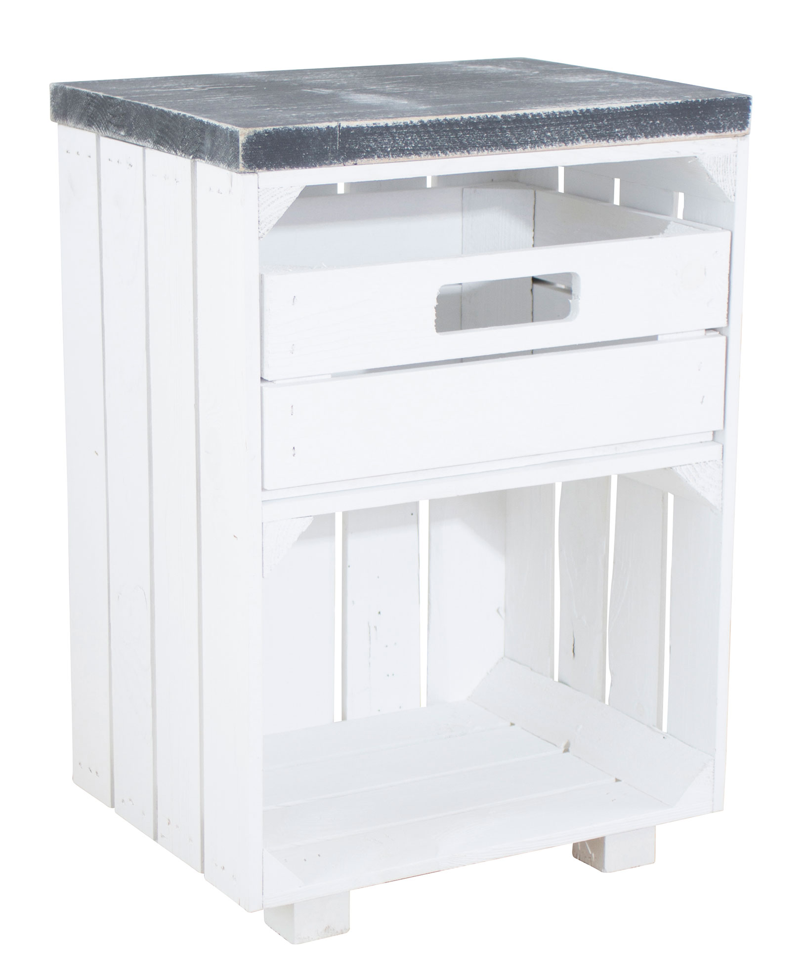 Nachttisch in weiß mit Schublade und Bohlenbrett in shabby schwarz auf Füßen 40x57x30