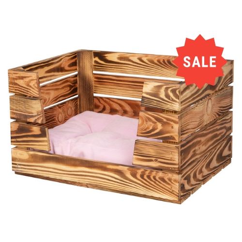 Katzenbett "Obstkiste" in geflammtem Holz ohne Kissen 50x40x30cm
