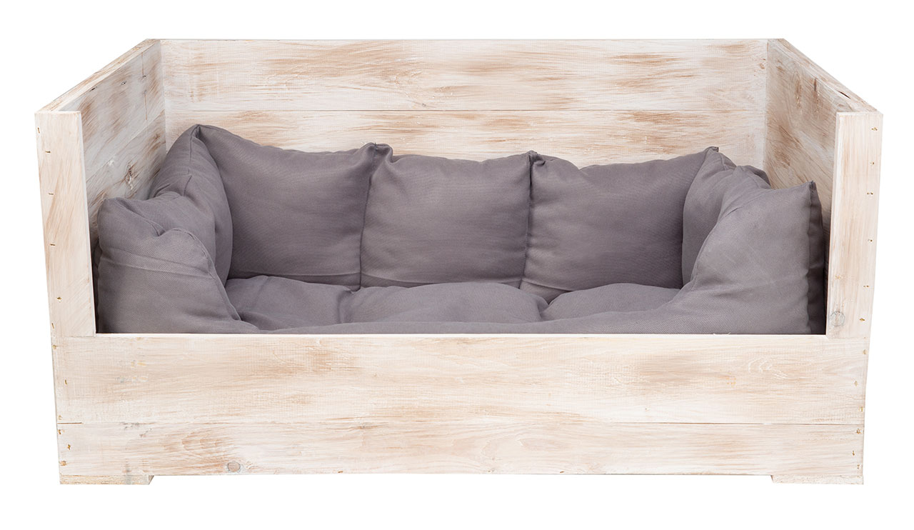 Hundebett "Balu" in weißem shabby Holz mit Kissen 90x57x45cm XXL Hundebett Balu weiß shabby mit Kissen 115x54x40,5cm