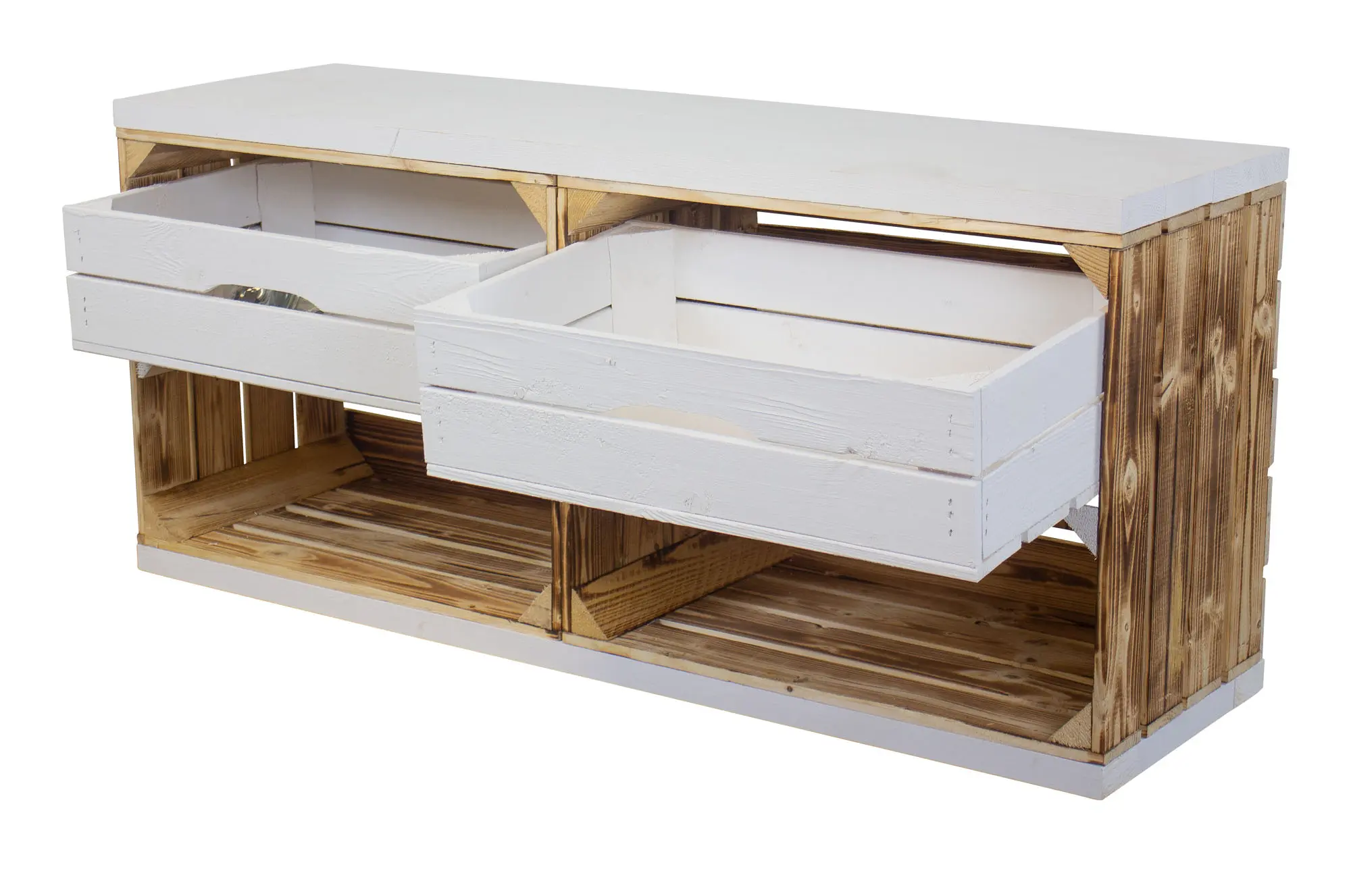 TV Lowboard aus 2 geflammten Kisten mit 2 Schubladen und 2 Bohlenbrettern 100x53x30