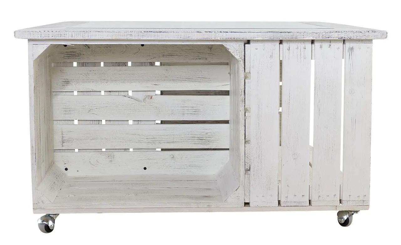 Weißer Tisch mit Glasplatte und Shabby Rahmen / besonders durch 4 Holzkisten für extra Stauraum / 85x85cm