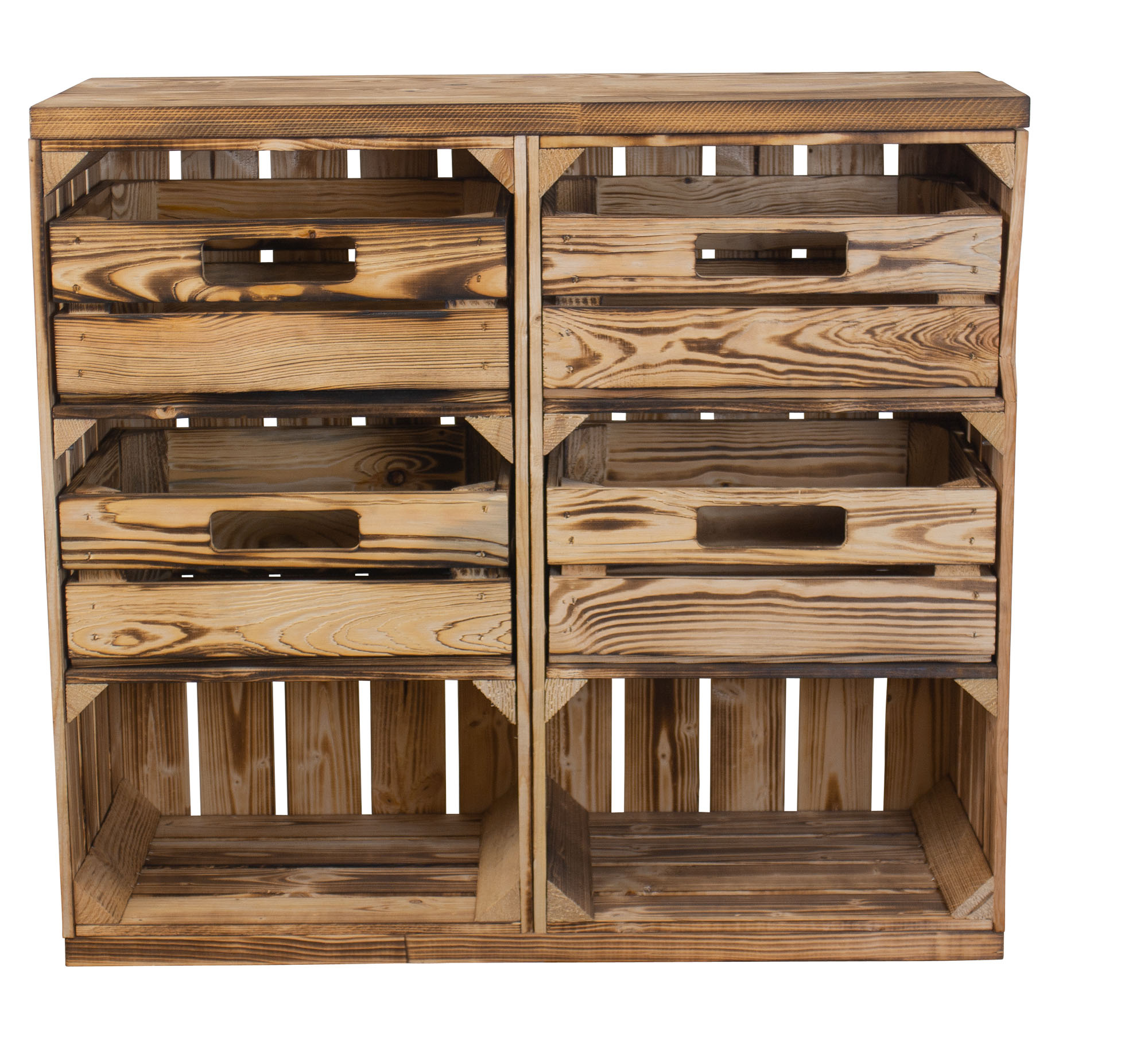 Regal aus zwei geflammten Kisten mit Schubladen und Bohlenbrett in geflammt auf Rollen Regal aus zwei geflammten Kisten mit Schubladen und Bohlenbrett in geflammt auf Rollen