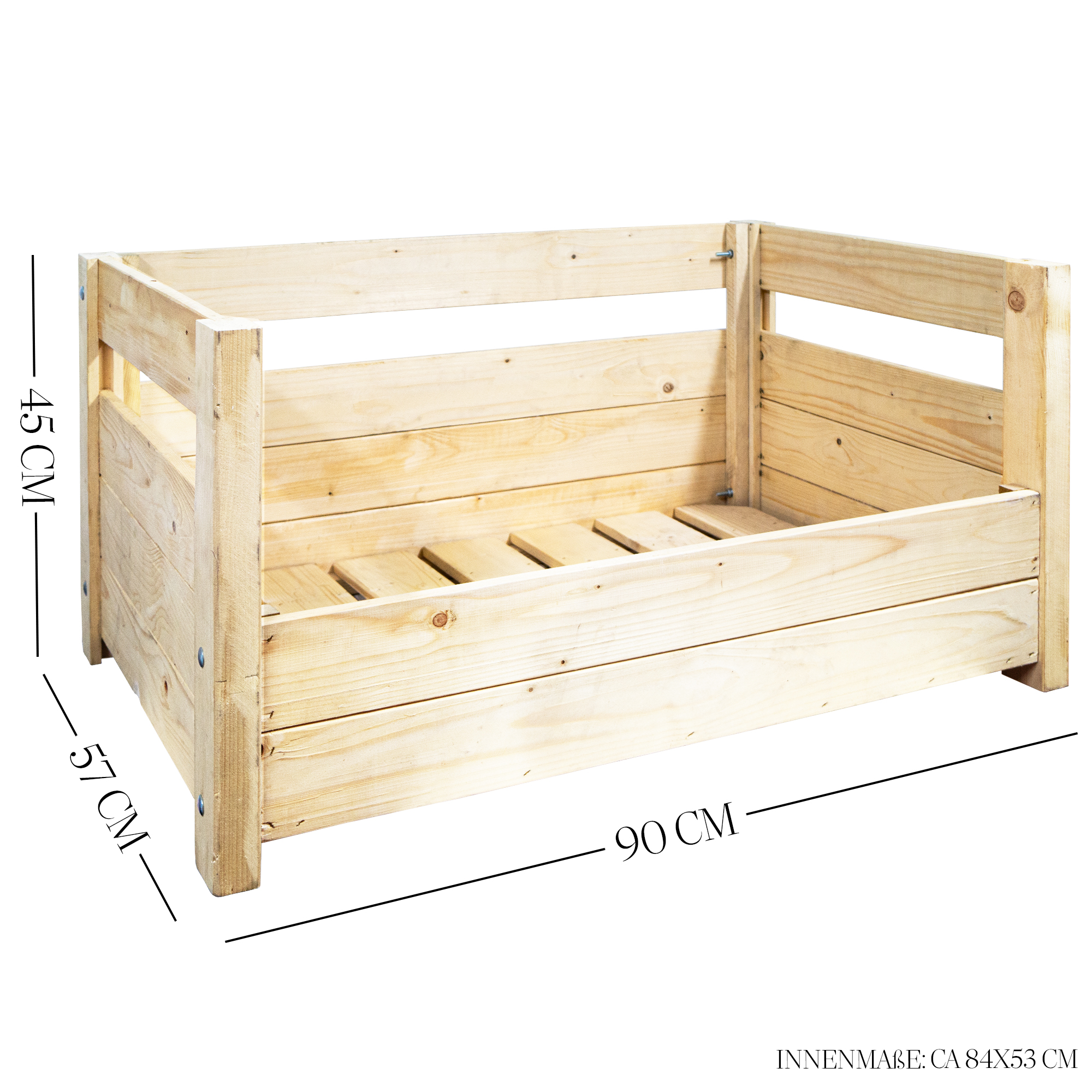 Hundebett Charly – Massivholz in Natur, Braun oder Geflammt 90x57x45cm Natur ohne Kissen