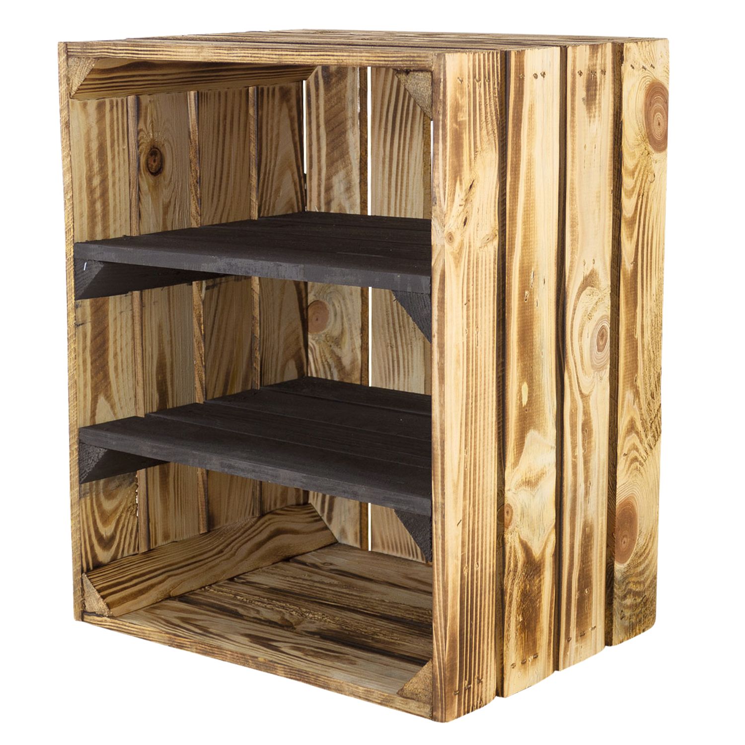 Geflammte Kiste mit 2 schwarzen Mittelbrettern 50x40x30cm Geflammte Kiste mit 2 schwarzen Mittelbrettern 50x40x30cm