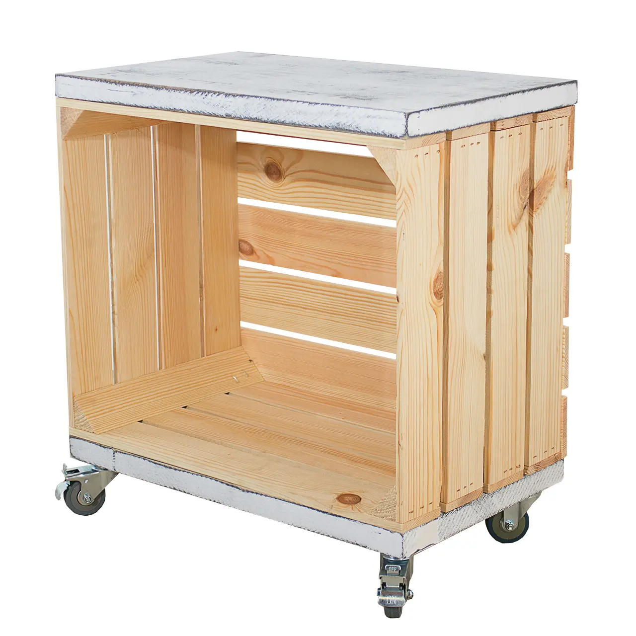 Regal aus einer Obstkiste in natur mit 2 Bohlenbrettern in shabby weiß auf Rollen 53x50x30cm Regal aus einer Obstkiste in natur mit 2 Bohlenbrettern in shabby weiß auf Rollen 53x50x30cm