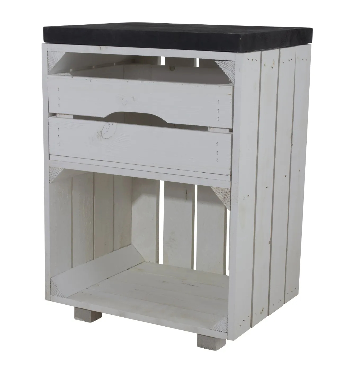 Weißer Nachttisch mit Schublade und einem schwarzen Bohlenbrett 30,5x40x57cm