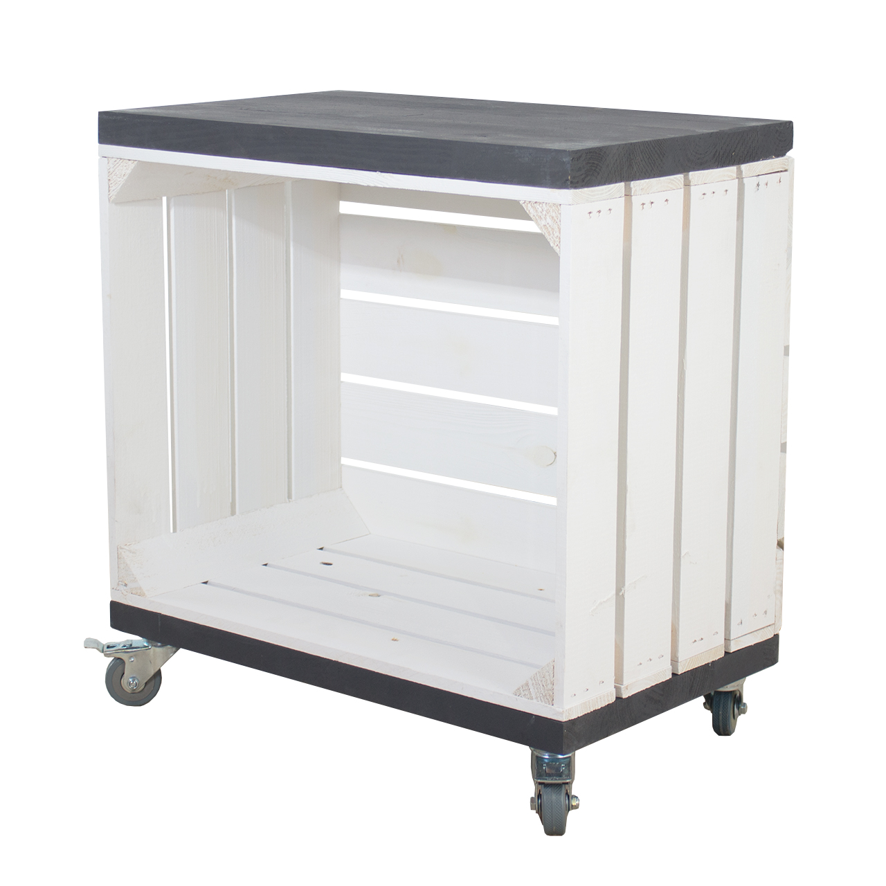 Regal aus einer weißen Obstkiste mit zwei Bohlenbrettern in Schwarz, auf Rollen 53x50x30cm Regal aus einer weißen Obstkiste mit zwei Bohlenbrettern in Schwarz, auf Rollen 53x50x30cm