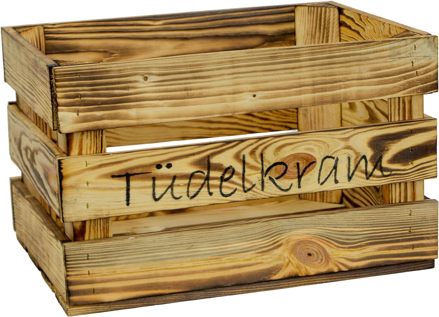 Holzkiste mit Aufschrift Tüdelkram Geflammt, 40x30x25cm