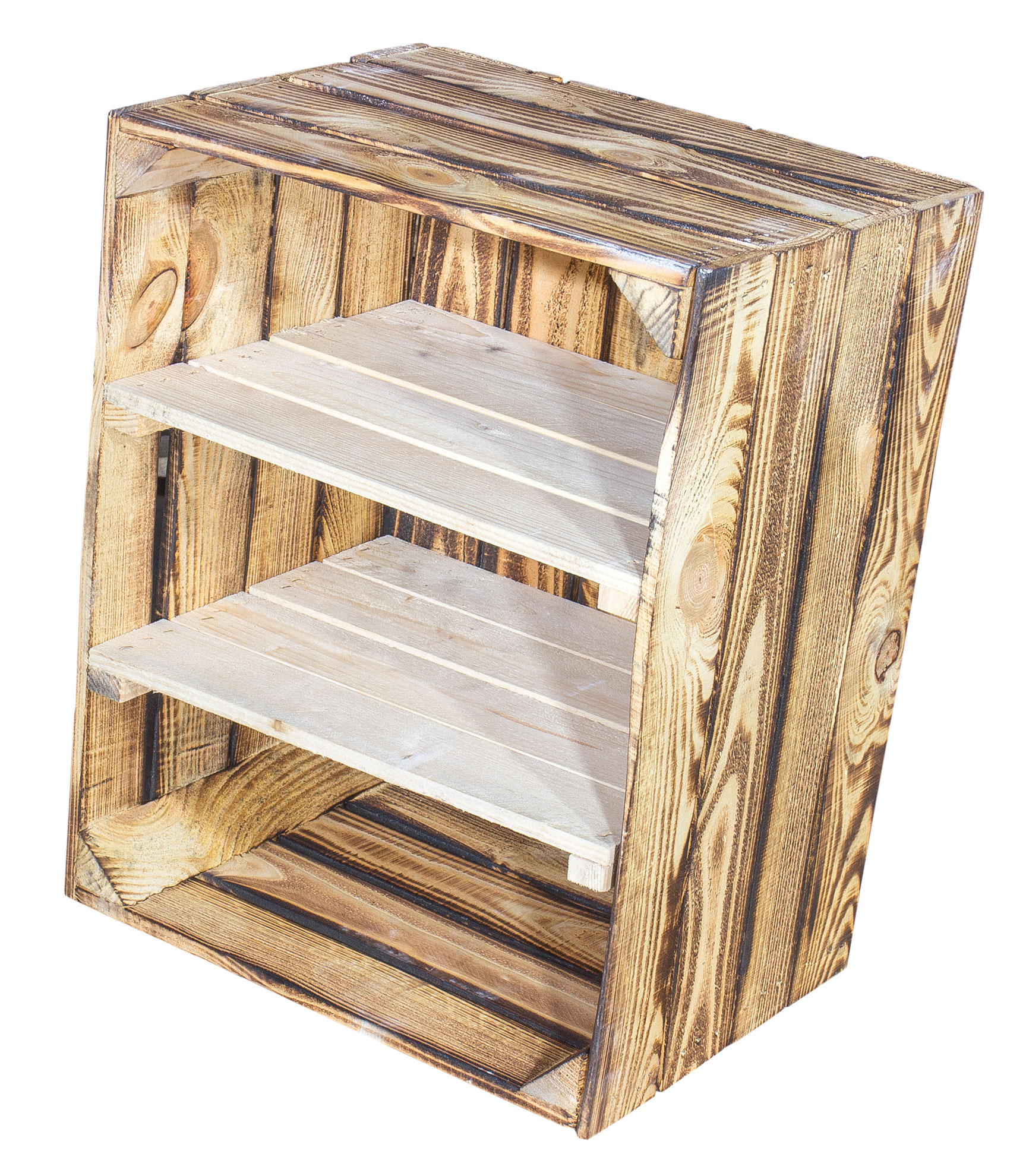 Geflammte Holzkiste mit 2 Mittelbretter in natur -quer- 50x40x30cm