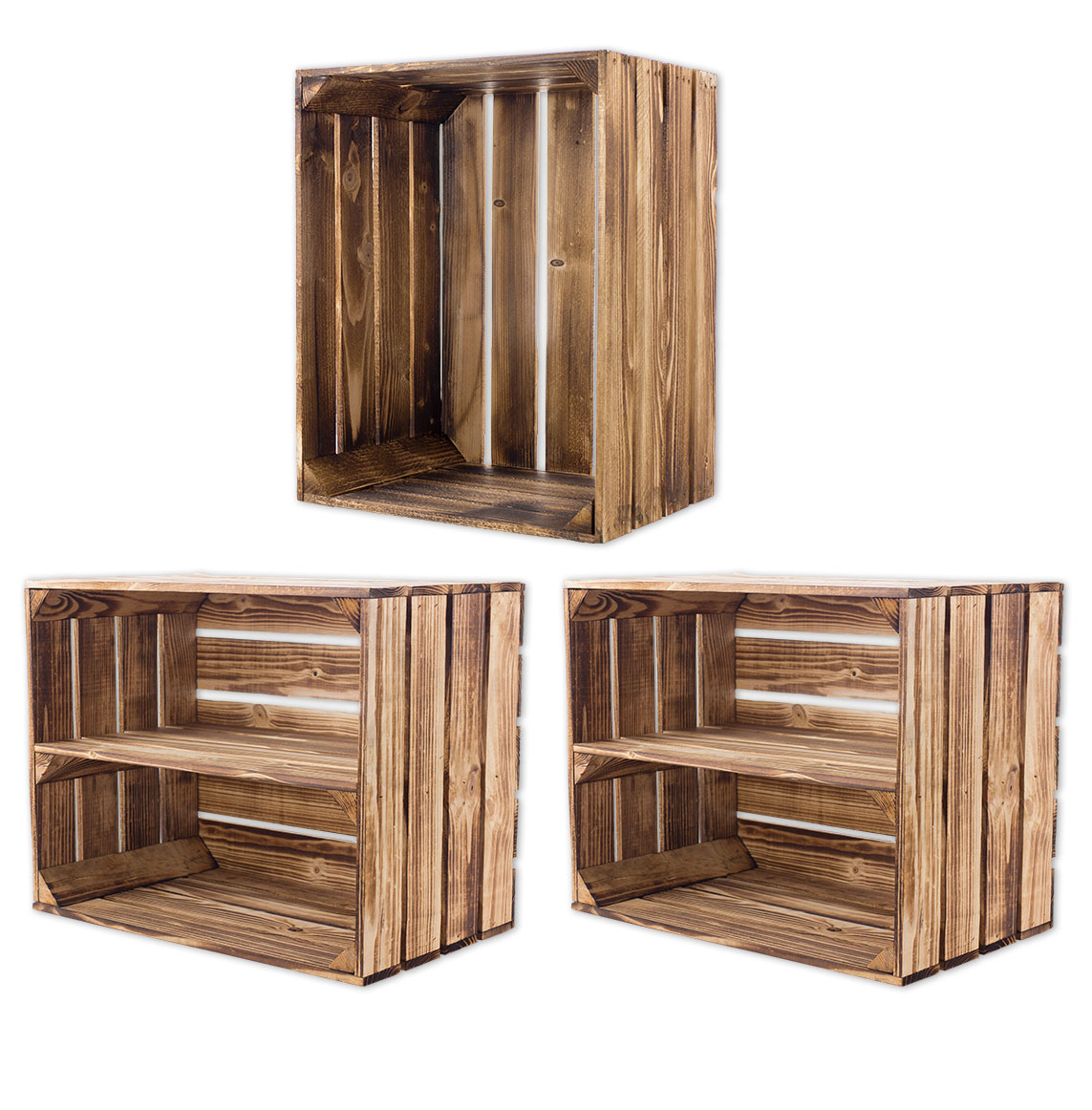 Gemischtes Set aus geflammten Holzkisten 50x40x30cm