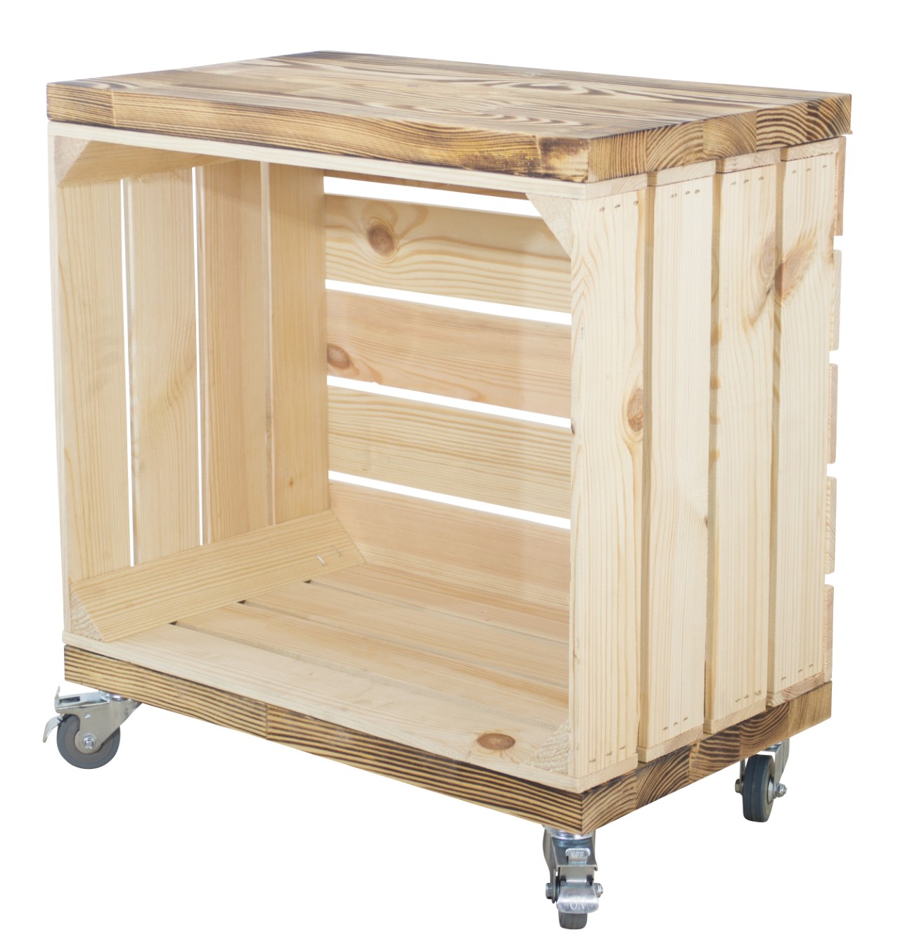 Beistelltisch aus einer Kiste in natur mit 2 geflammten Bohlenbrettern auf Rollen 53x50x30cm Beistelltisch aus einer Kiste in natur mit 2 geflammten Bohlenbrettern auf Rollen 53x50x30cm