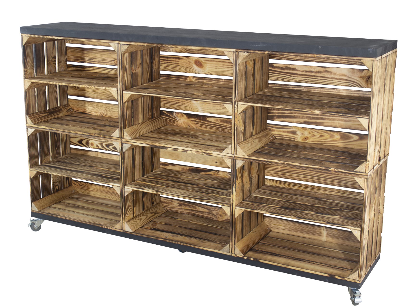 Raumtrenner / Kommode aus geflammten Kisten mit 2 Bohlenbrettern in schwarz auf Rollen 150x93x30cm Raumtrenner / Kommode aus geflammten Kisten mit 2 Bohlenbrettern in schwarz auf Rollen 150x93x30cm