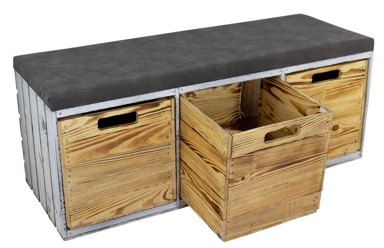 Shabby Sitzbank im Obstkisten Design mit Sitzpolster und 3 Kallax Einschubkisten 105x43x39xcm