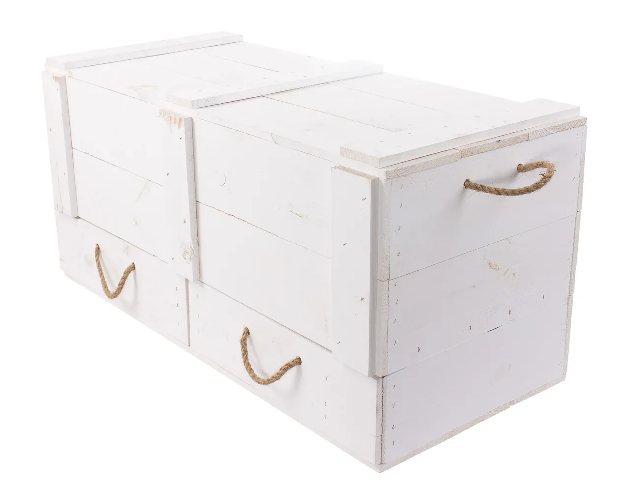 XXL Holztruhe weiß mit 2 Schubladen und Kordel 85 x 39 x 40 cm