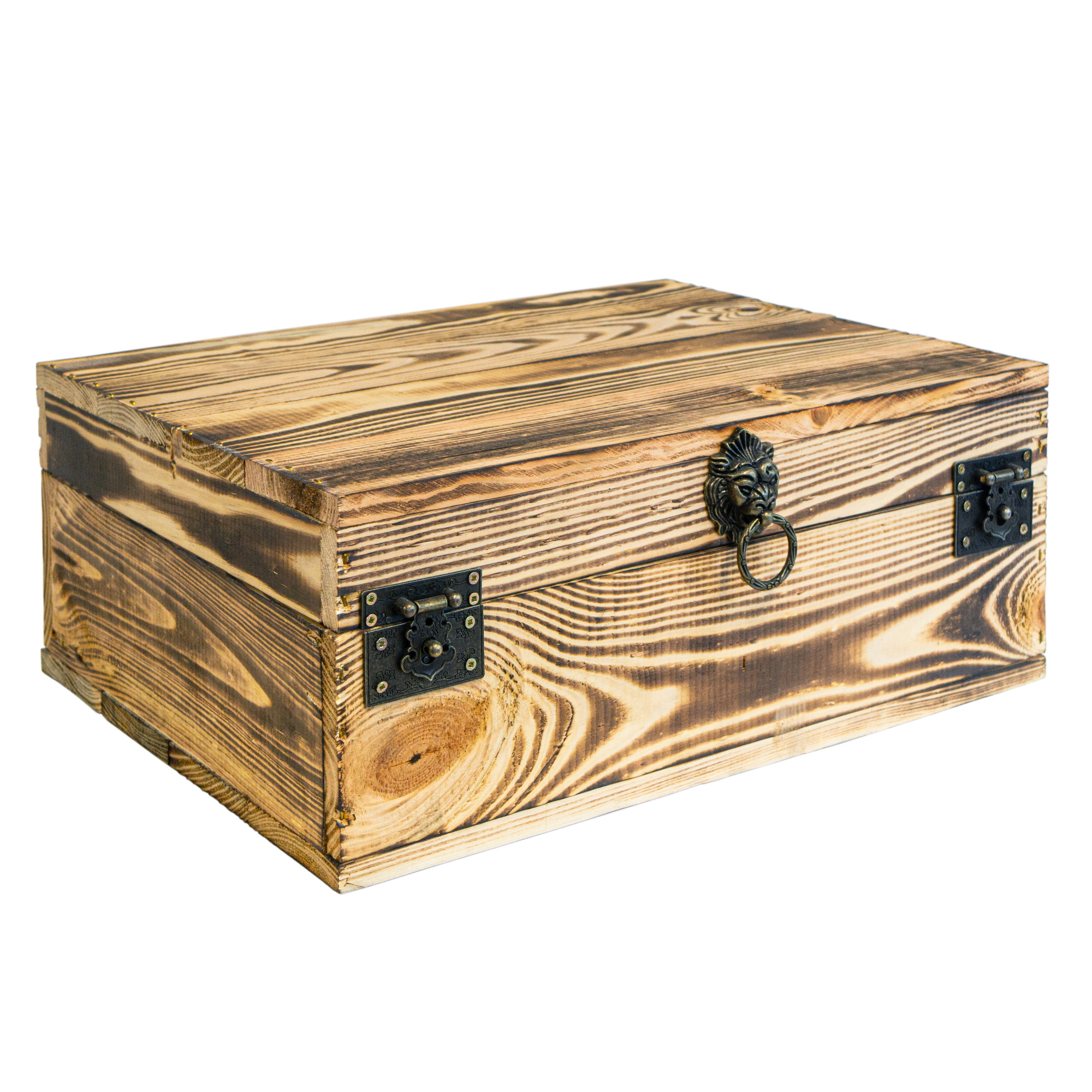 Rustikale Holztruhe mit Löwenkopfgriff – 40 x 30 x 16 cm | Schatztruhe aus Massivholz