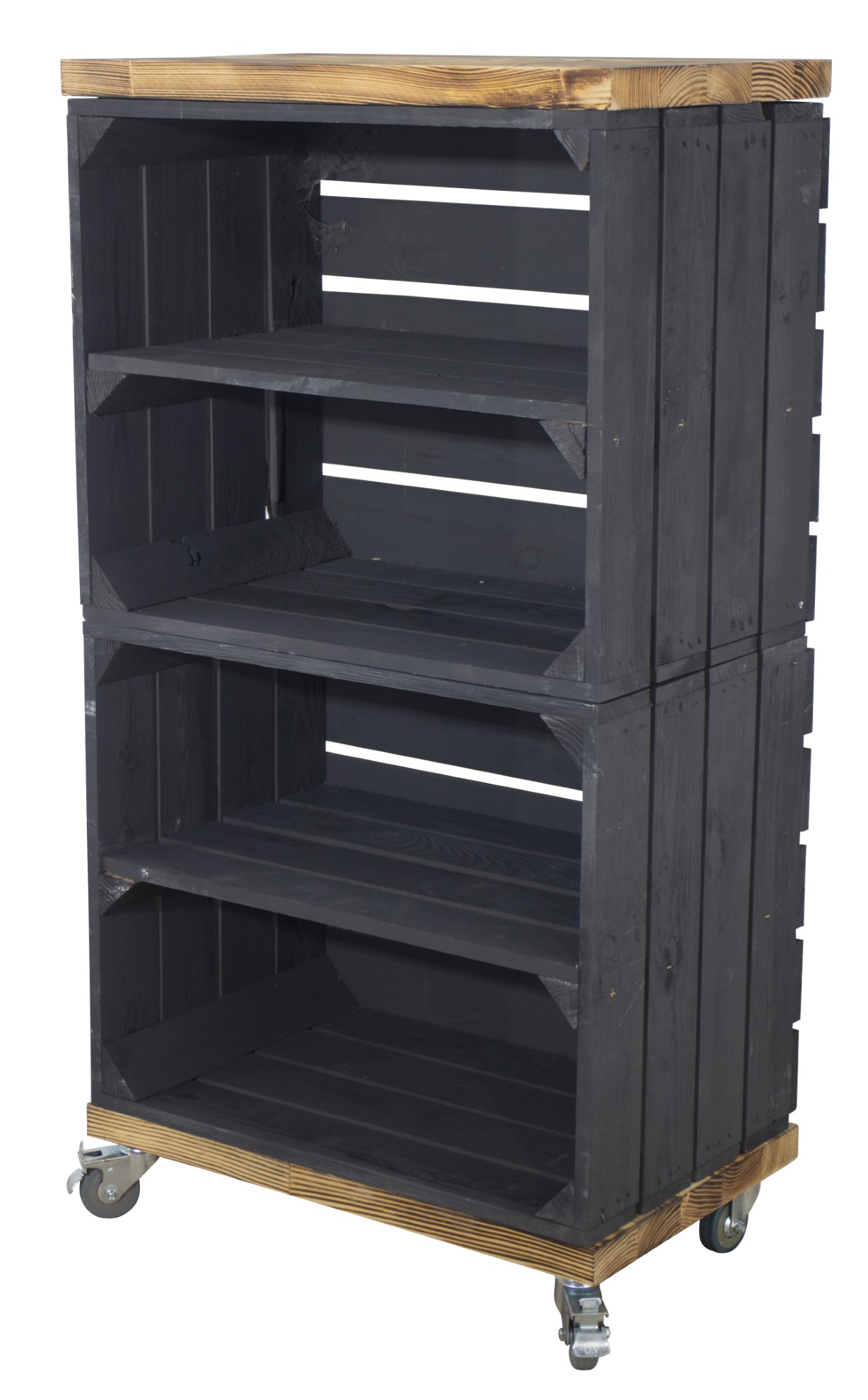 Regal aus 2 schwarzen Obstkisten mit 2 geflammten Bohlenbrettern auf Rollen 93x50x30cm Regal aus 2 schwarzen Obstkisten mit 2 geflammten Bohlenbrettern auf Rollen 93x50x30cm