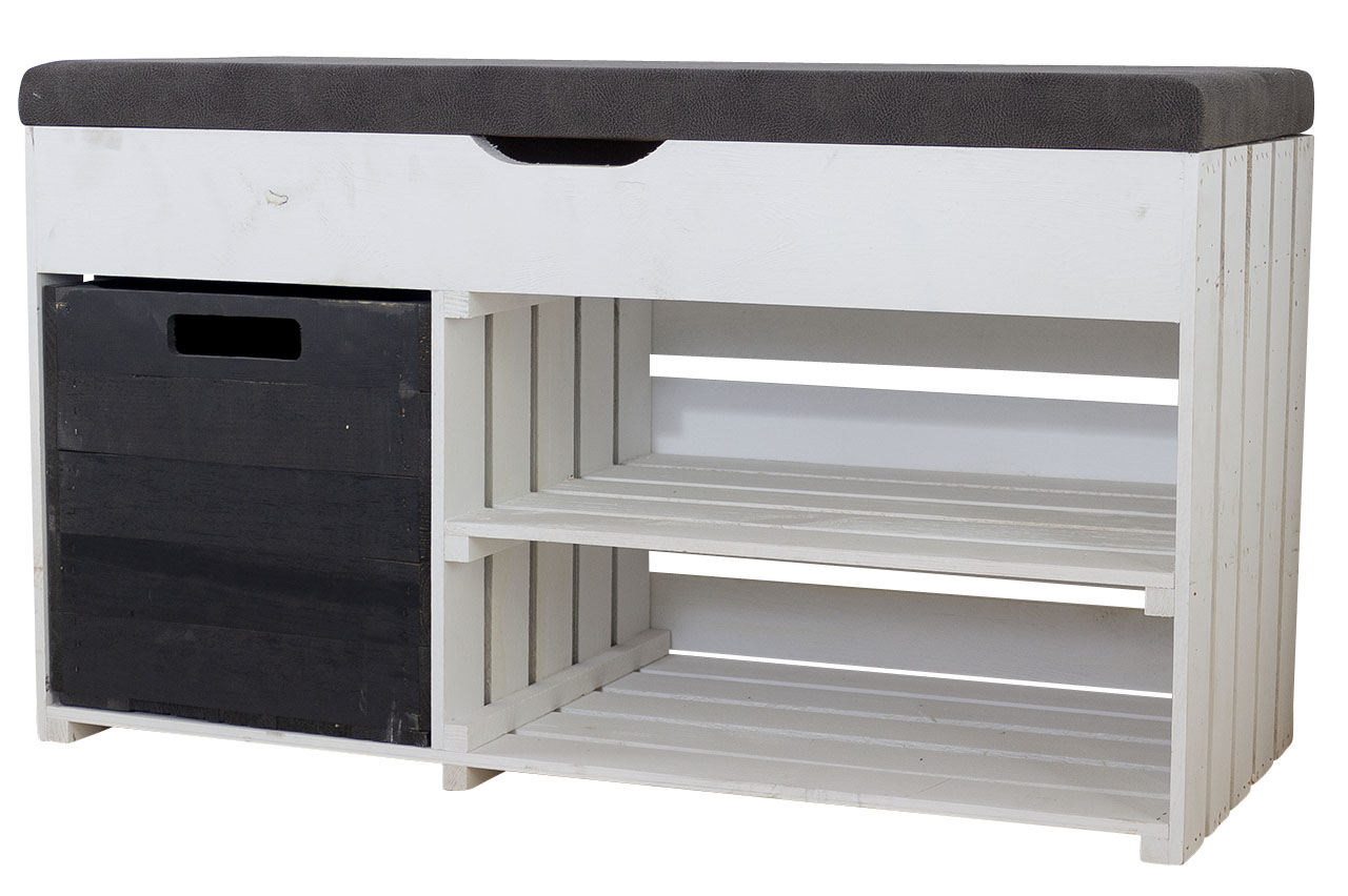 Gepolstertes, weißes Sitzregal mit Stauraum durch praktische schwarze Holzkiste / Regalboden / 90x52x39cm