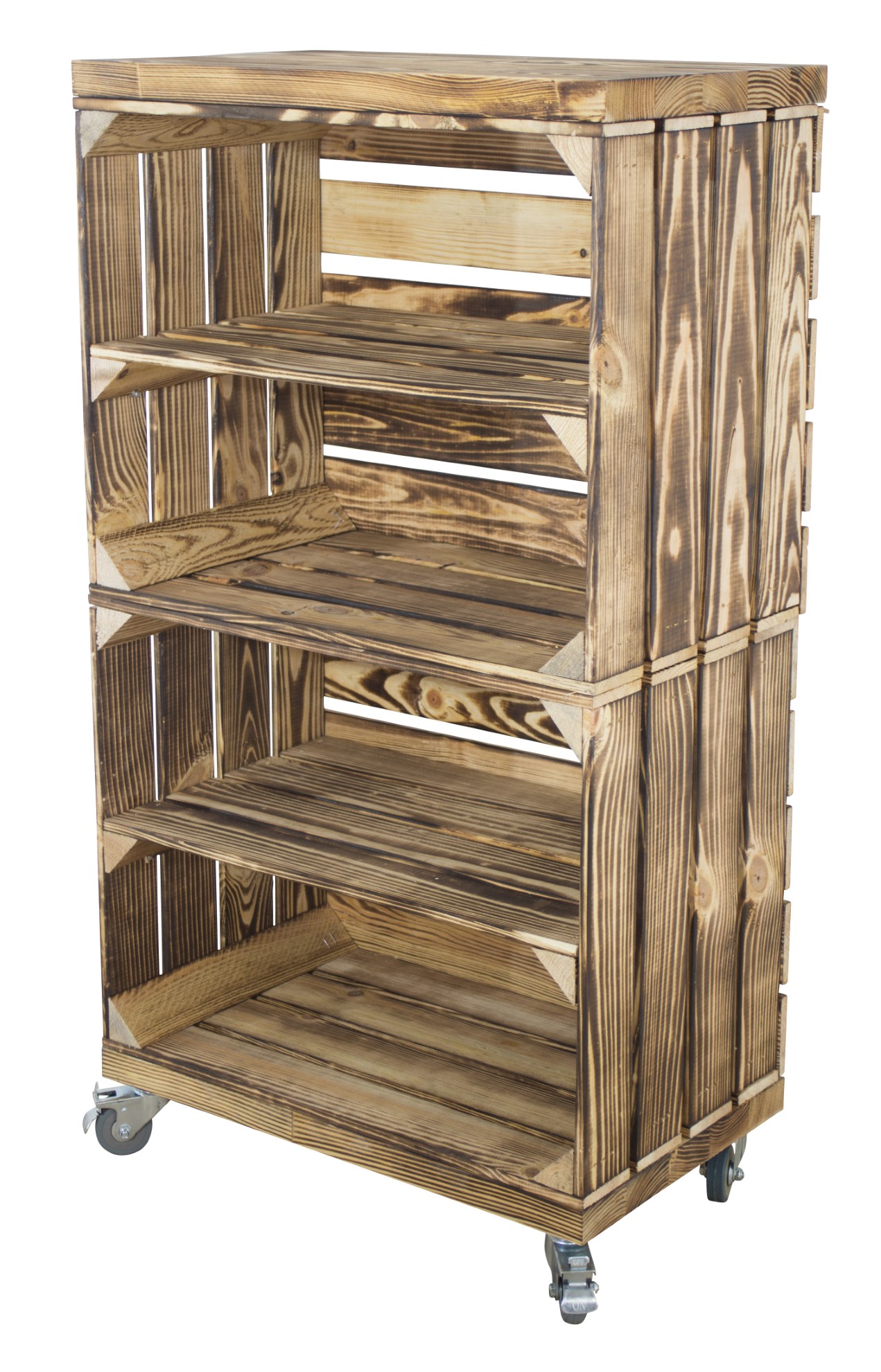 Regal aus zwei geflammten Obstkisten sowie zwei geflammten Bohlenbrettern auf Rollen 93x50x30cm Regal aus zwei geflammten Obstkisten sowie zwei geflammten Bohlenbrettern auf Rollen 93x50x30cm