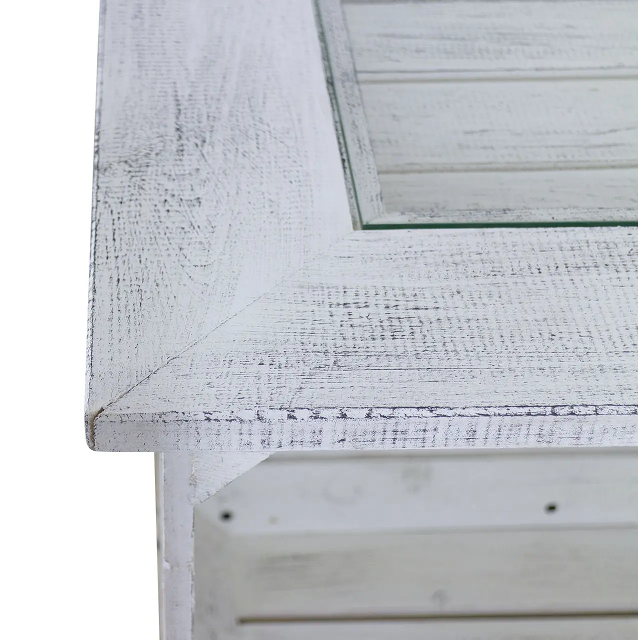 Weißer Tisch mit Glasplatte und Shabby Rahmen / besonders durch 4 Holzkisten für extra Stauraum / 85x85cm