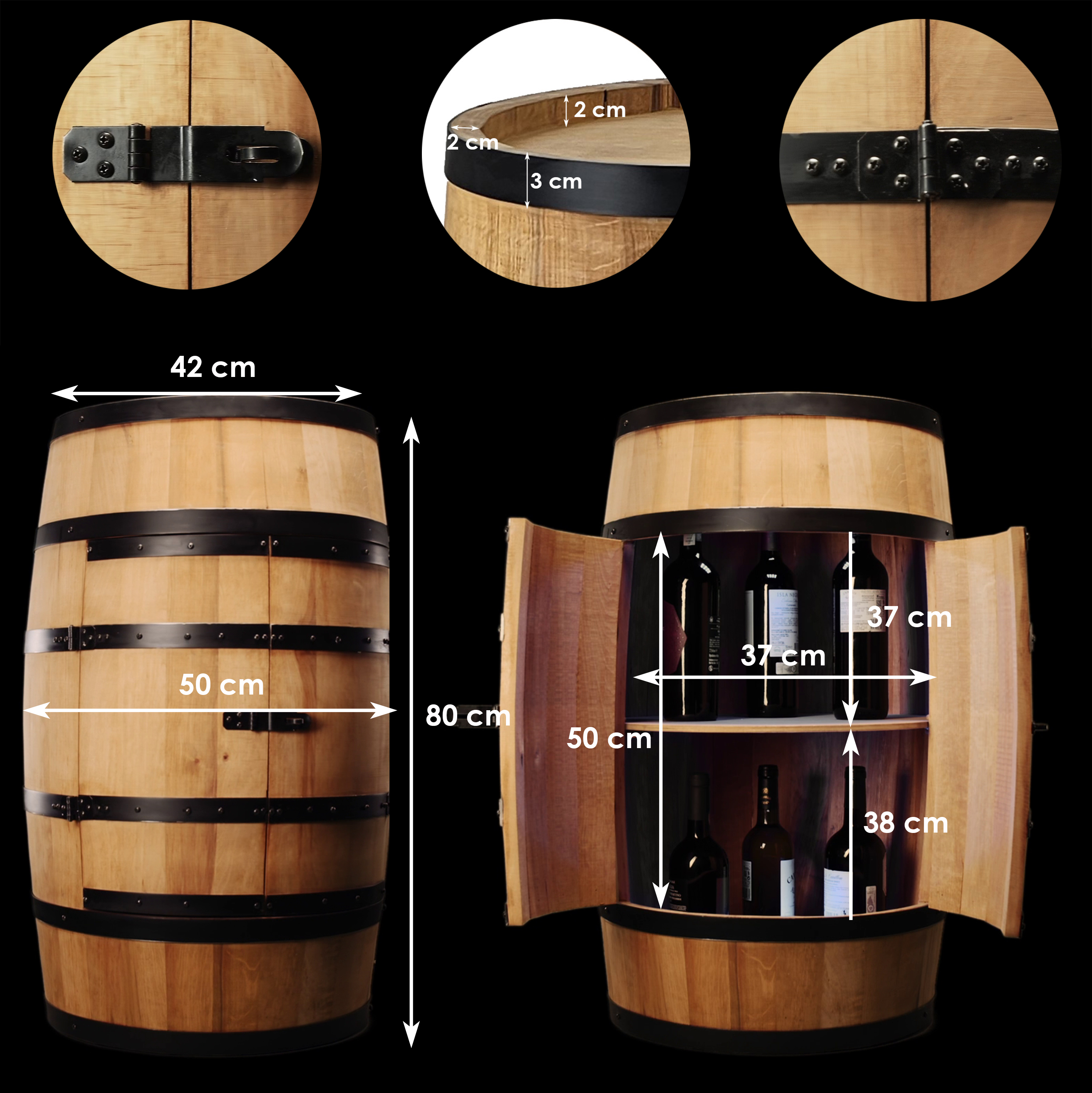 Holzfass mit Türen in heller Eichenoptik Hausbar mit LED – Rustikale Minibar im Weinfass Design – Weinregal & Flaschenständer aus Holz – Vintage Fassbar für Wohnzimmer, Bar oder Partykeller – ca. 80 cm #1 Ohne LED