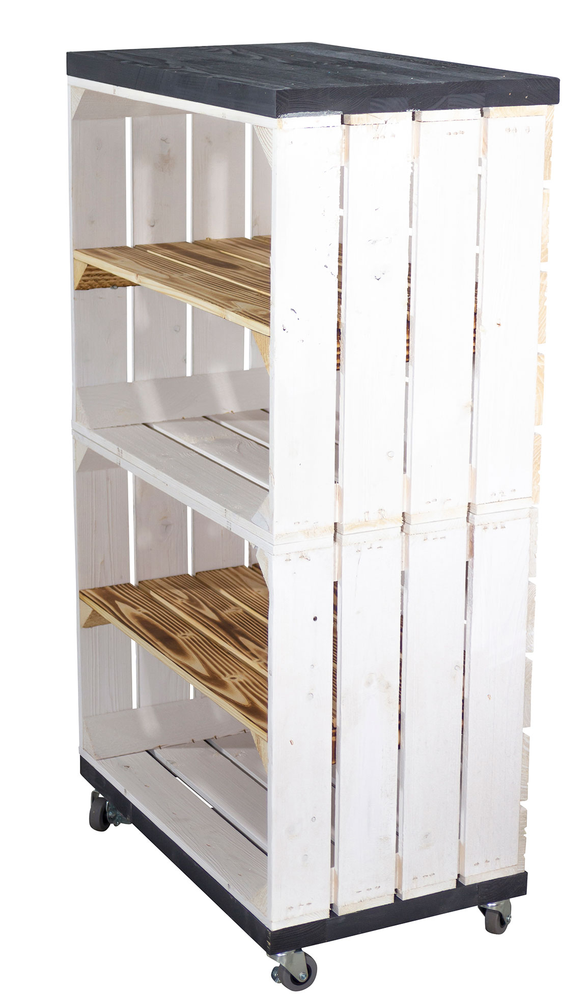 Regal aus zwei weißen Obstkisten und Bohlenbretter auf Rollen 93x50x30cm Regal aus zwei weißen Obstkisten und Bohlenbretter auf Rollen 93x50x30cm