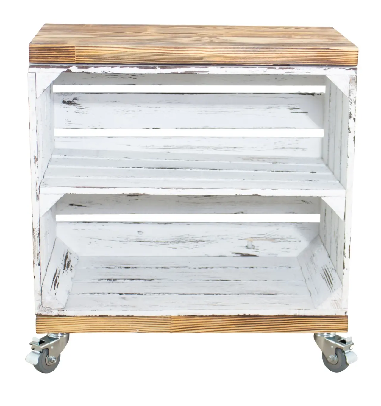 Rollkiste aus einer shabby weißen Obstkiste mit 2 geflammten Mittelbrettern auf Rollen, 53x50x30cm Rollkiste aus einer shabby weißen Obstkiste mit 2 geflammten Mittelbrettern auf Rollen, 53x50x30cm