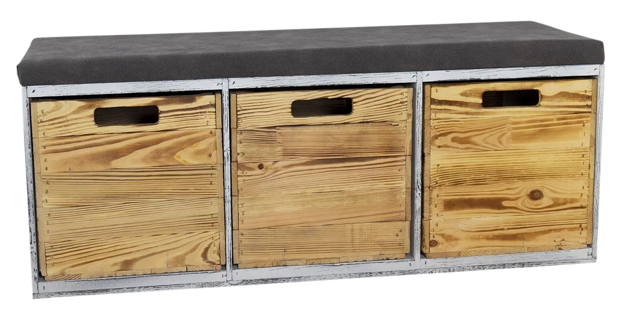 Shabby Sitzbank im Obstkisten Design mit Sitzpolster und 3 Kallax Einschubkisten 105x43x39xcm