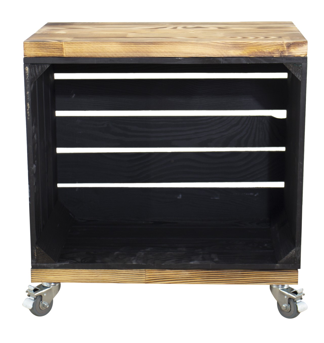 Beistelltisch aus einer schwarzen Obstkiste mit 2 geflammten Bohlenbrettern auf Rollen 53x50x30cm Beistelltisch aus einer schwarzen Obstkiste mit 2 geflammten Bohlenbrettern auf Rollen 53x50x30cm