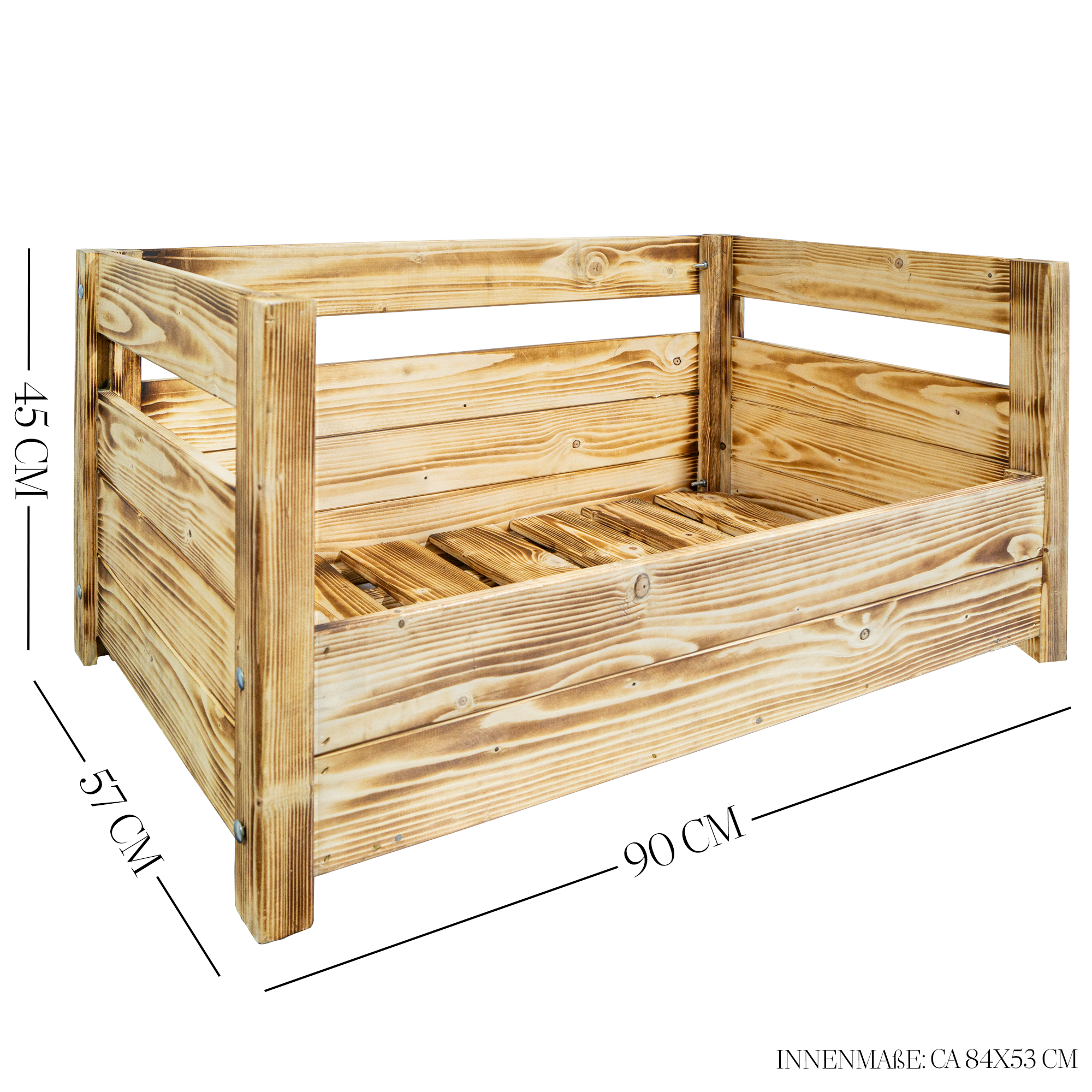 Hundebett Charly – Massivholz in Natur, Braun oder Geflammt 90x57x45cm Gefammt ohne Kissen