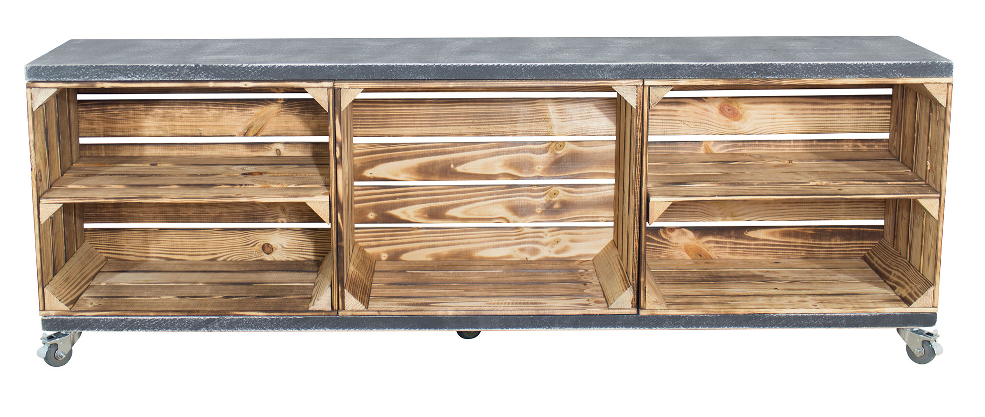 TV Schrank aus 3 geflammten Kisten mit 2 Bohlenbrettern in shabby schwarz auf Rollen, 150x53x30