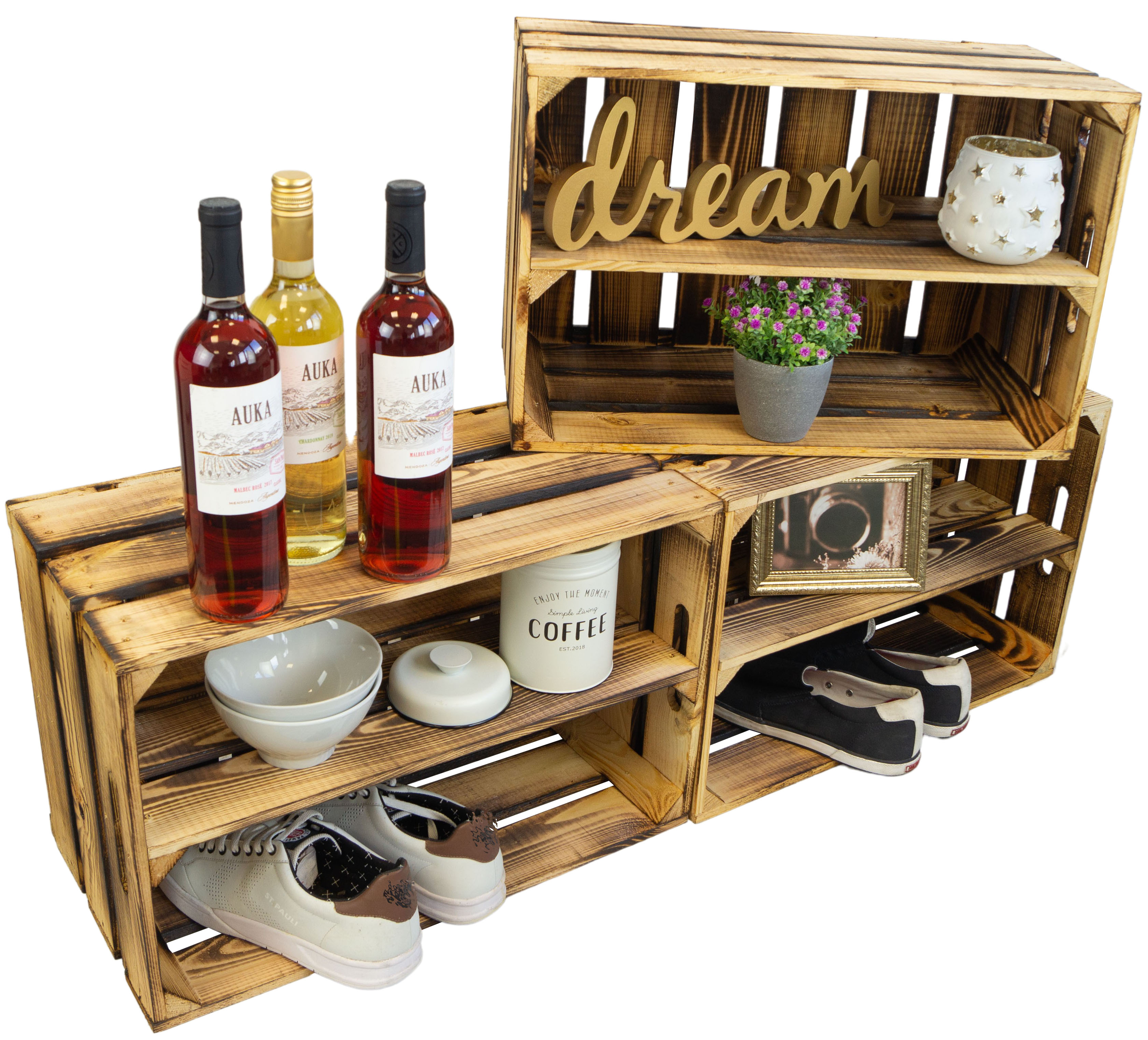 Holzkiste Elfriede geflammt mit Mittelbrett längs 54x30x35cm Holzkiste Elfriede geflammt mit Mittelbrett längs 54x30x35cm