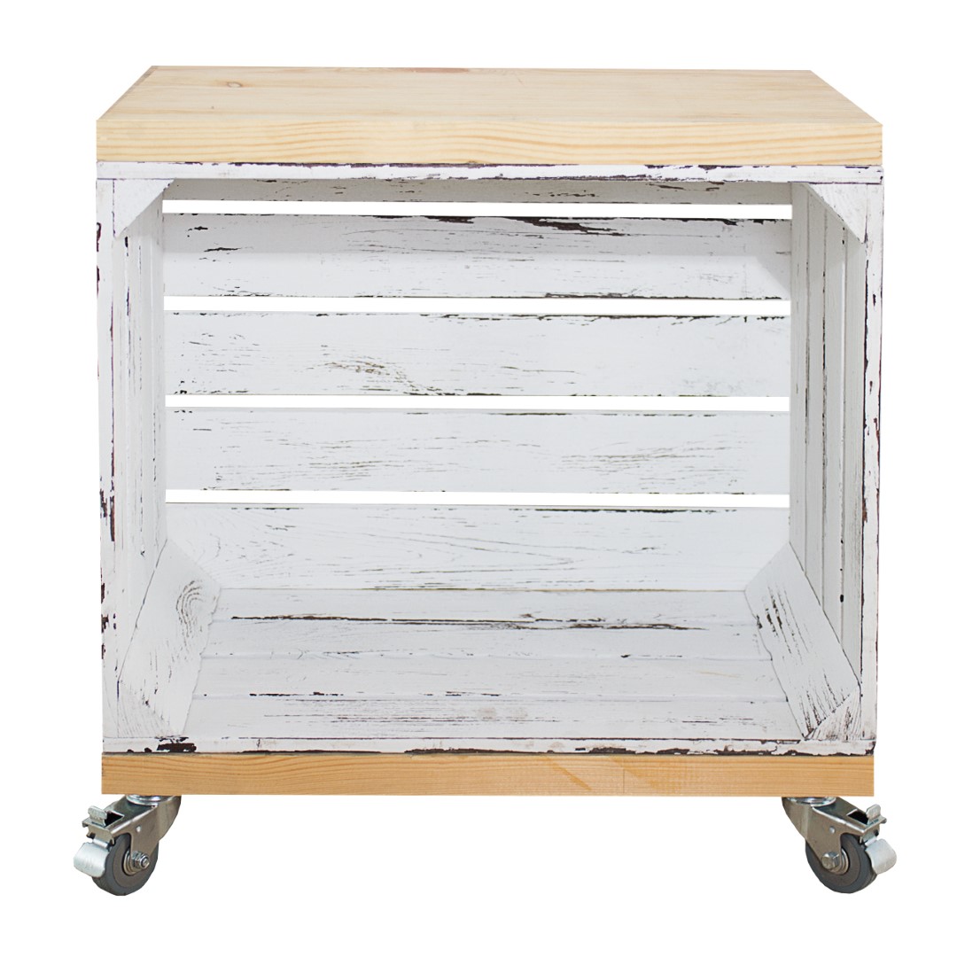 Regal aus einer Obstkiste in Vintage Optik mit zwei Bohlenbrettern im Naturton, auf Rollen, 53x50x30cm Regal aus einer Obstkiste in Vintage Optik mit zwei Bohlenbrettern im Naturton, auf Rollen, 53x50x30cm