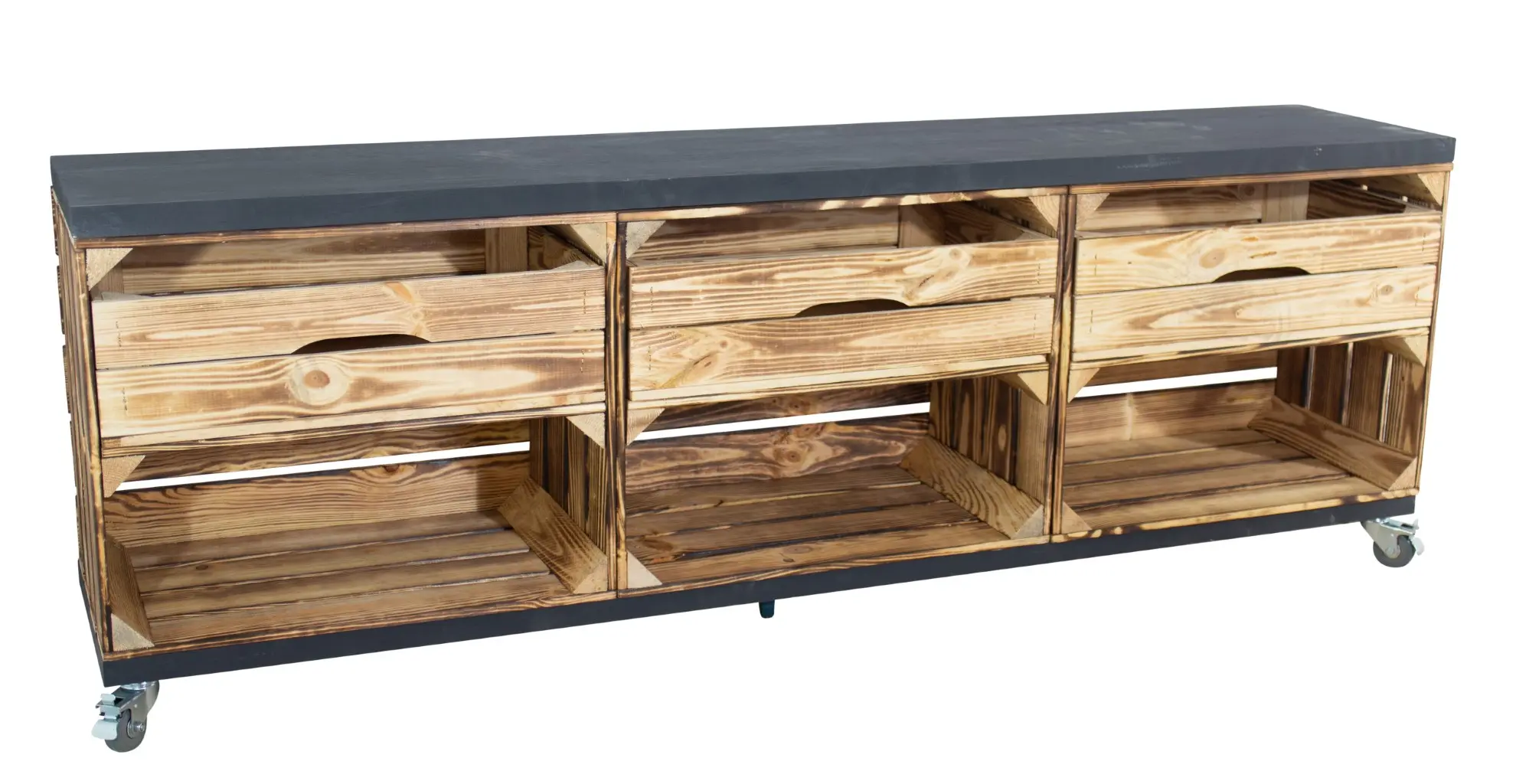 TV Lowboard aus 3 geflammten Kisten mit Schubladen und 2 schwarzen Bohlenbrettern auf Rollen 53x150x30cm
