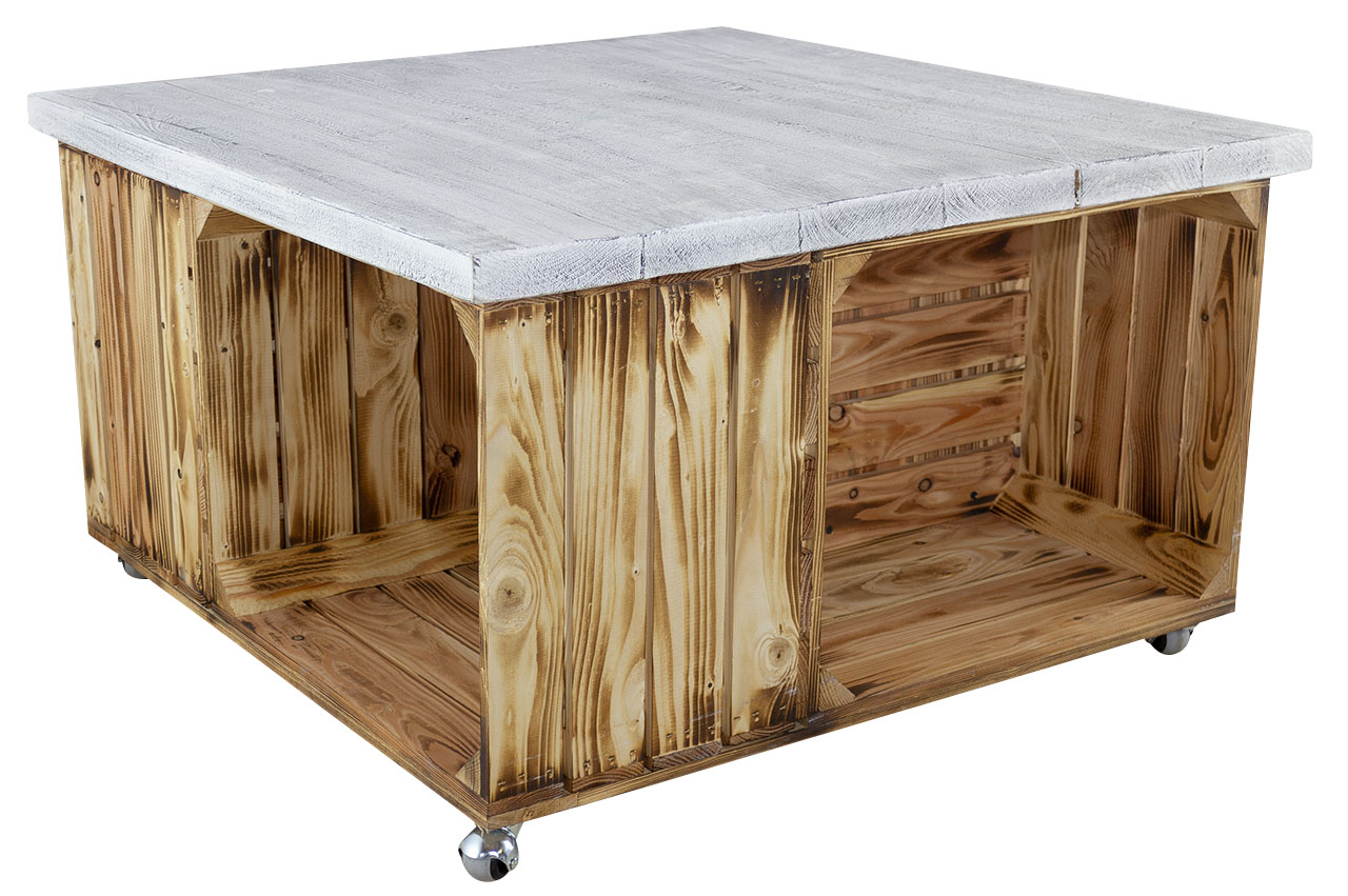 Couchtisch aus geflammten Apfelkisten und Tischplatte aus Vintage Holzbohlen auf Rollen 85x85xcm Couchtisch aus geflammten Apfelkisten und Tischplatte aus Vintage Holzbohlen auf Rollen 85x85xcm
