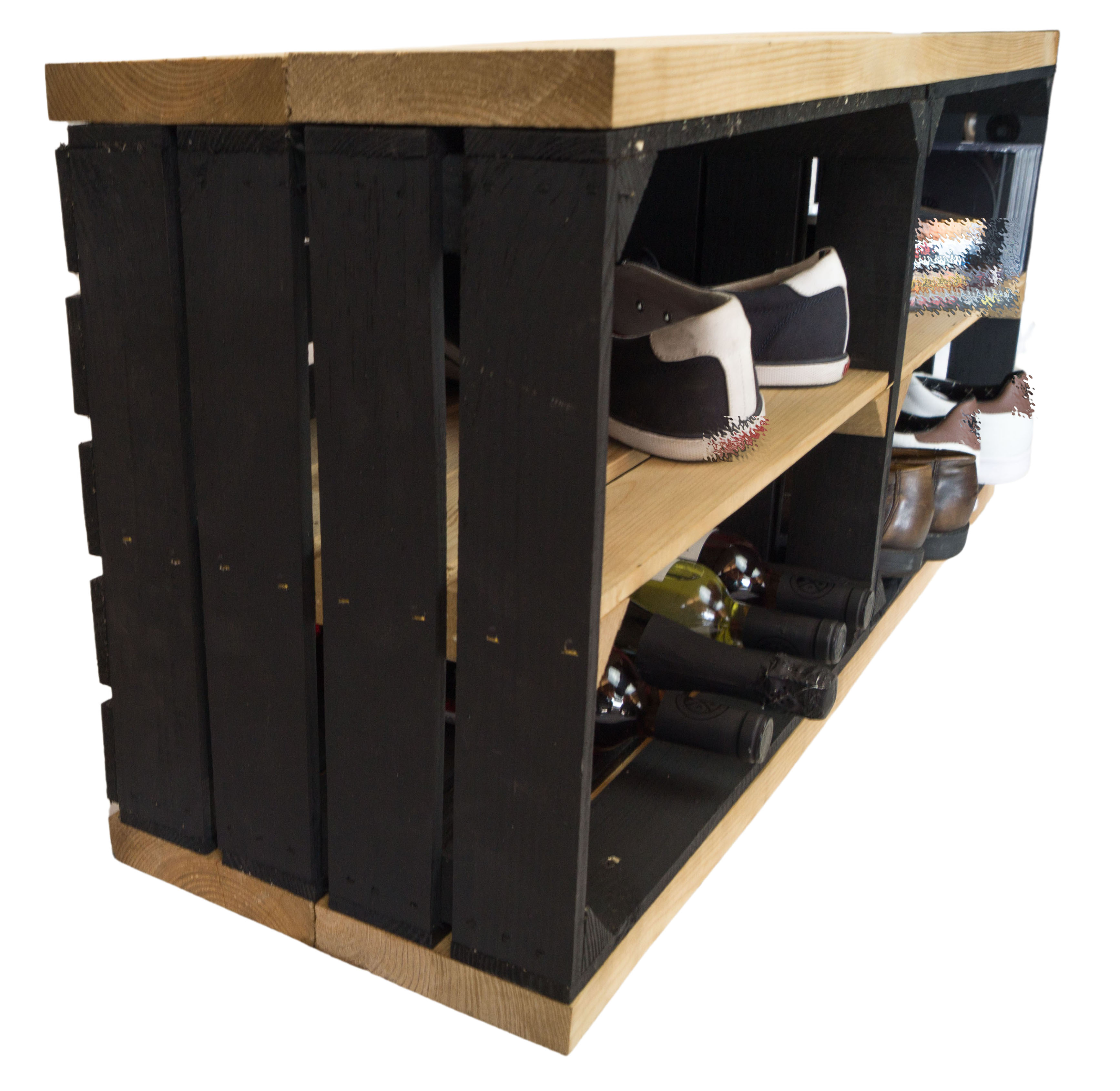 Sitzbank schwarz mit Sitzfläche aus dicken Holzplanken Natur mit Mittelbrett Natur