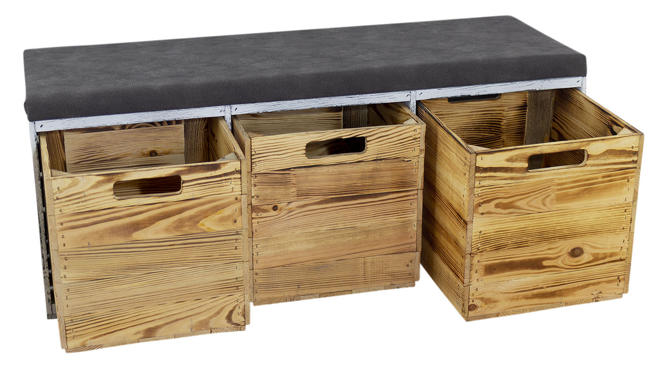 Shabby Sitzbank im Obstkisten Design mit Sitzpolster und 3 Kallax Einschubkisten 105x43x39xcm