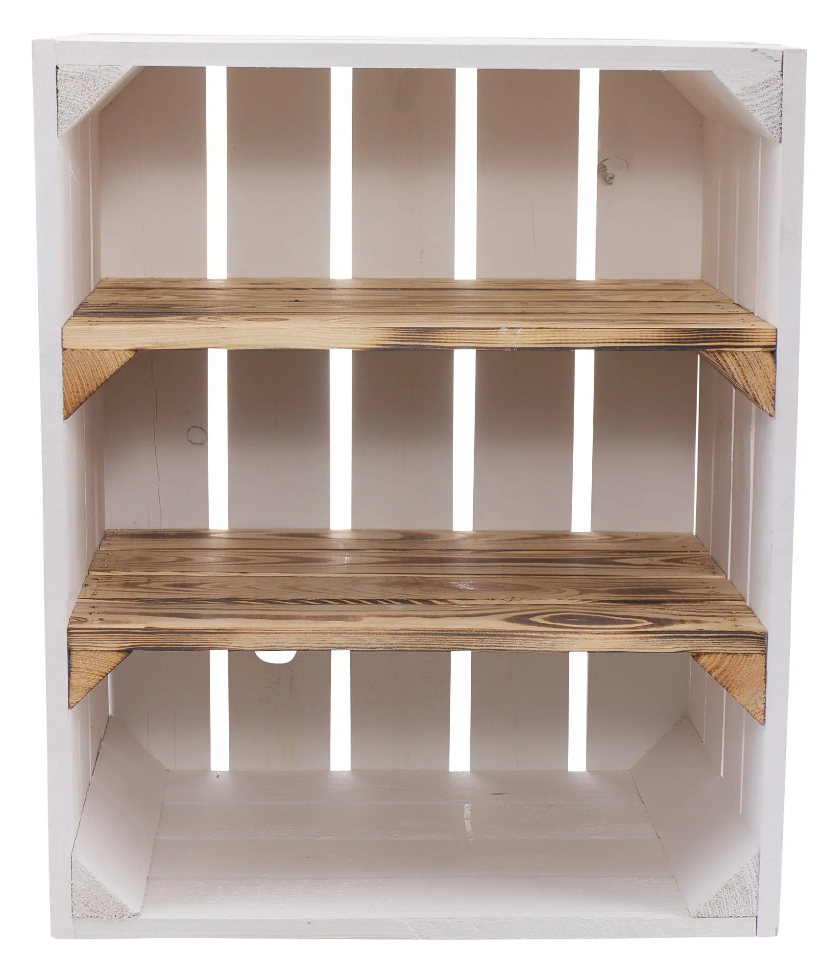 Weiße Holzkiste mit 2 geflammten Mittelbrettern -quer- 50x40x30cm