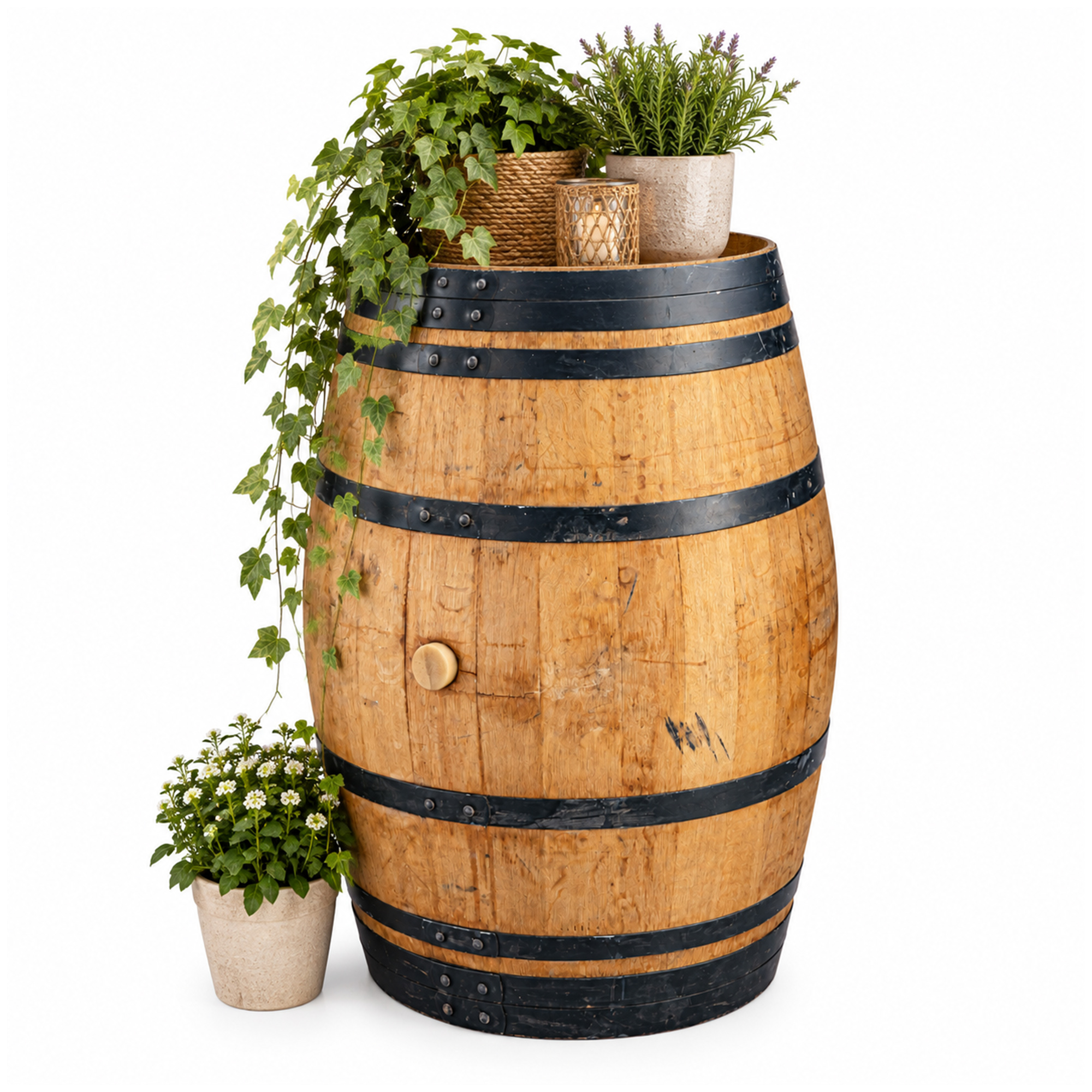 Gebrauchtes Weinfass / schwarze Ringe 225L kaufen – Eichenfass für Garten, Deko & Möbelbau