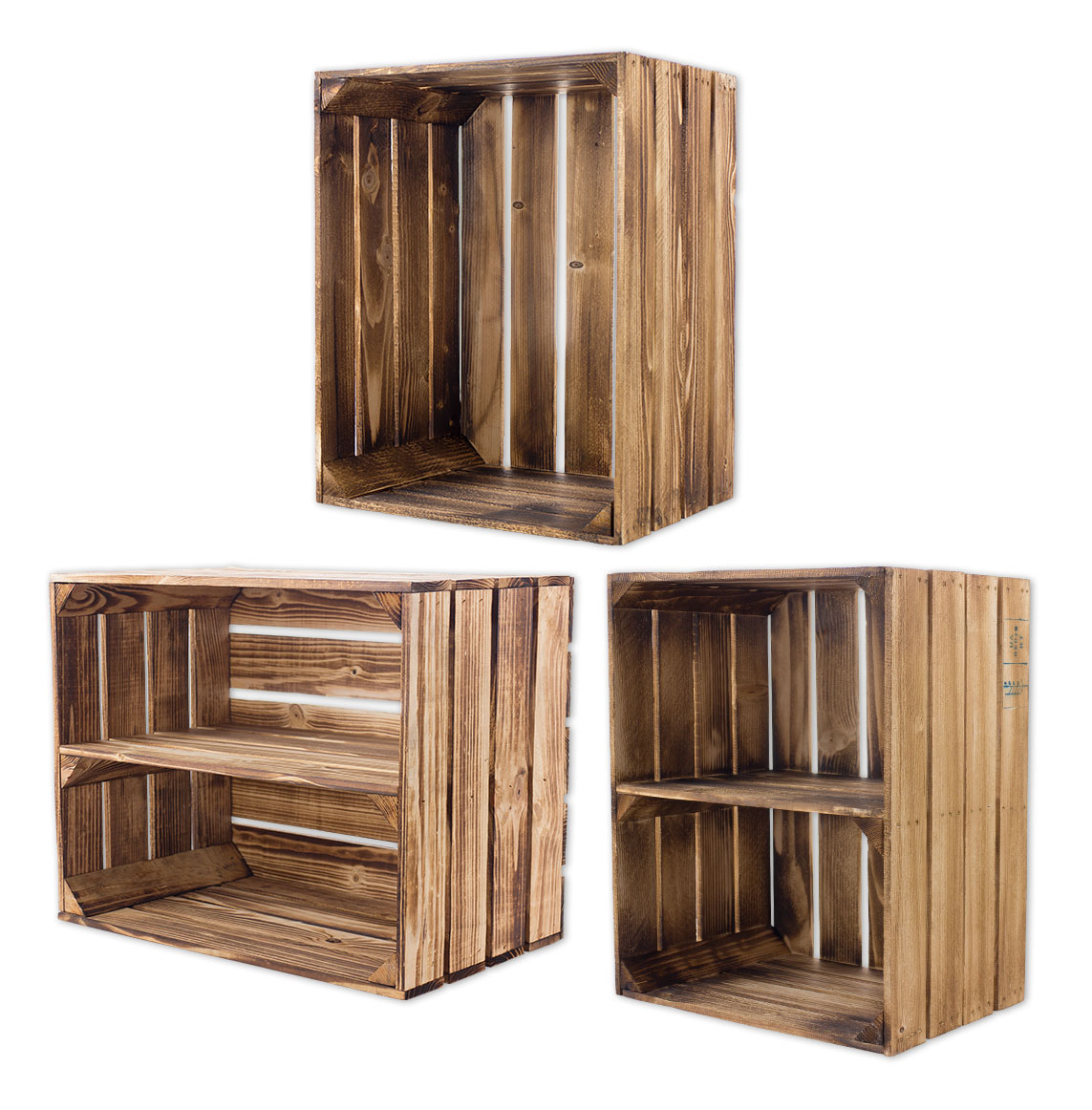 Gemischtes Set aus geflammten Holzkisten 50x40x30cm