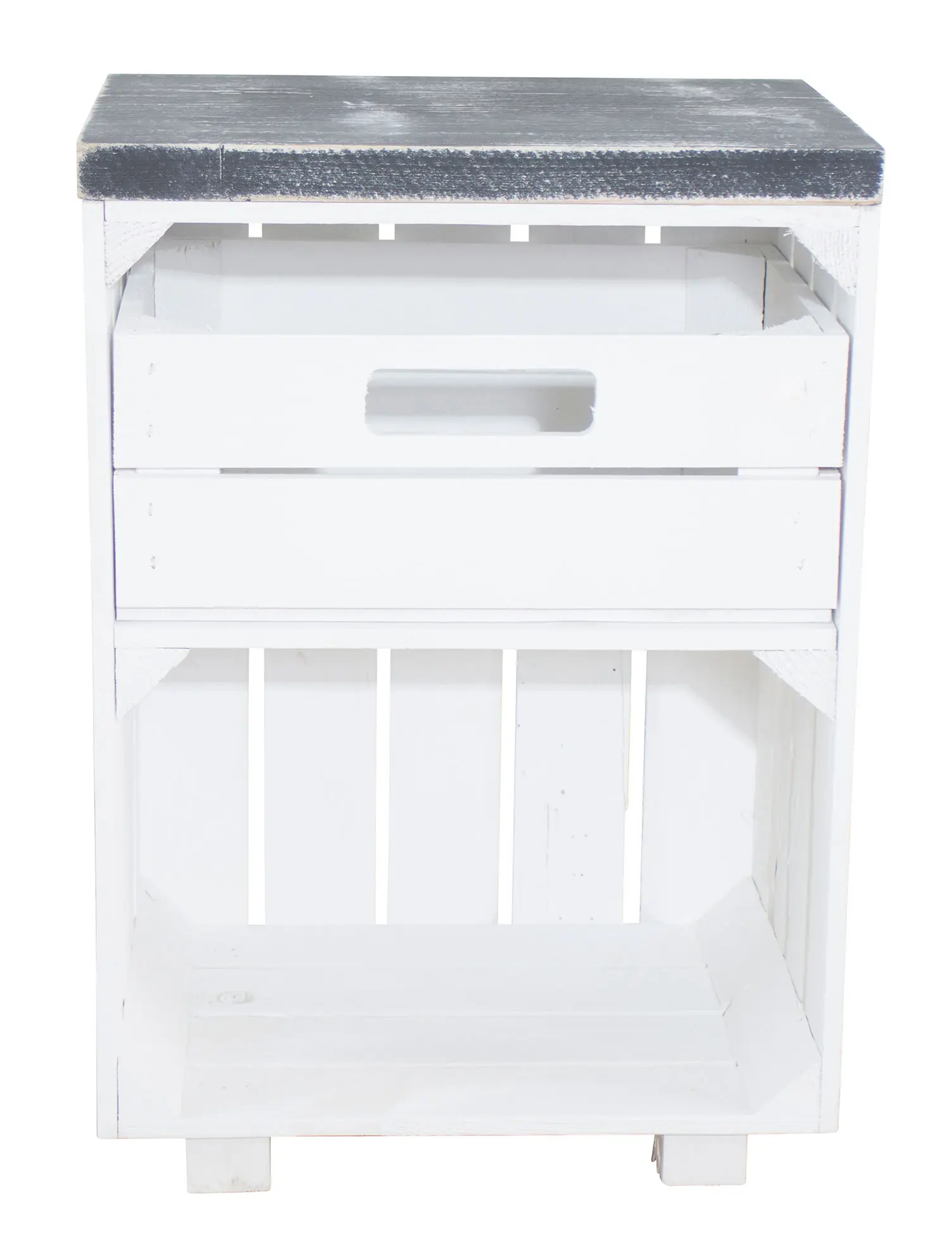 Nachttisch in weiß mit Schublade und Bohlenbrett in shabby schwarz auf Füßen 40x57x30