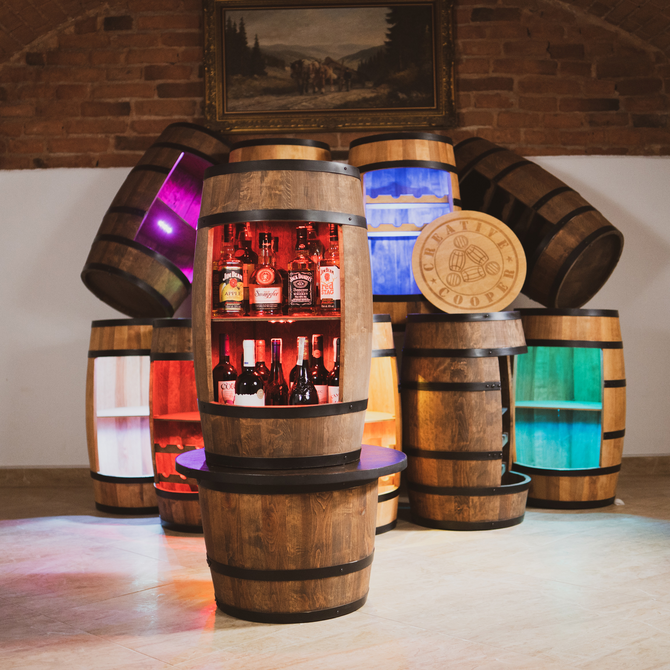 Holzfass in Farbton Wenge Hausbar mit LED – Rustikale Minibar im Weinfass Design – Weinregal & Flaschenständer aus Holz – Vintage Fassbar für Wohnzimmer, Bar oder Partykeller – ca. 80 cm #1 LED Einfarbig