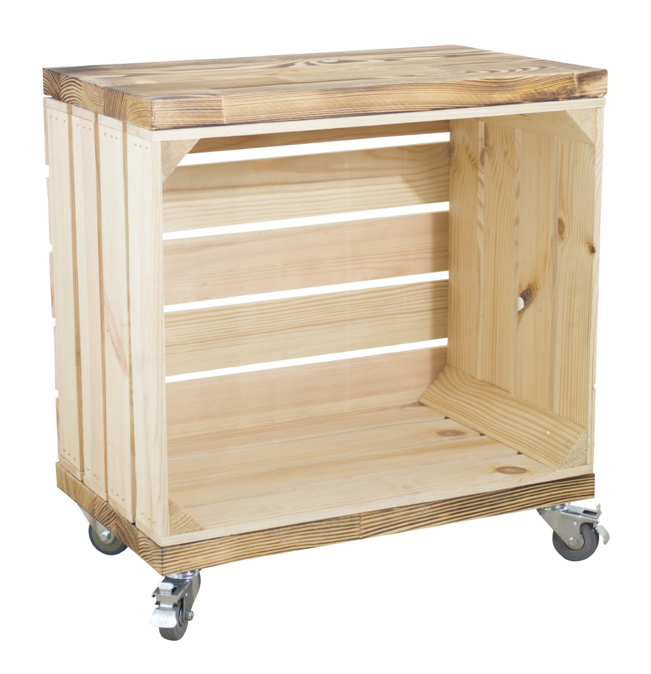 Beistelltisch aus einer Kiste in natur mit 2 geflammten Bohlenbrettern auf Rollen 53x50x30cm Beistelltisch aus einer Kiste in natur mit 2 geflammten Bohlenbrettern auf Rollen 53x50x30cm