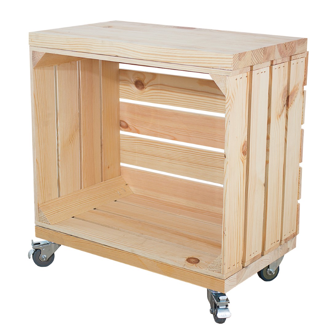 Regal im Naturton aus einer Obstkiste mit zwei Bohlenbrettern, auf Rollen 53x50x30cm Regal im Naturton aus einer Obstkiste mit zwei Bohlenbrettern, auf Rollen 53x50x30cm