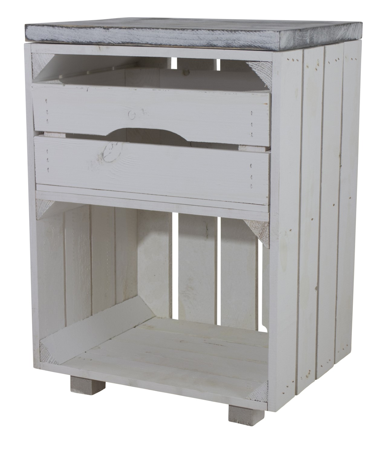 Weißer Nachttisch mit Schublade und einem Bohlenbrett in shabby weiß 30,5x40x57cm